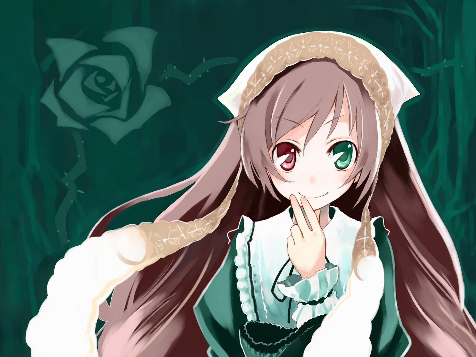 1girl auto_tagged brown_hair dress frills green_dress green_eyes head_scarf heterochromia highres image long_hair long_sleeves looking_at_viewer red_eyes rozen_maiden rozen_maiden_traumend smile solo suiseiseki twintails upper_body ushiki_yoshitaka very_long_hair