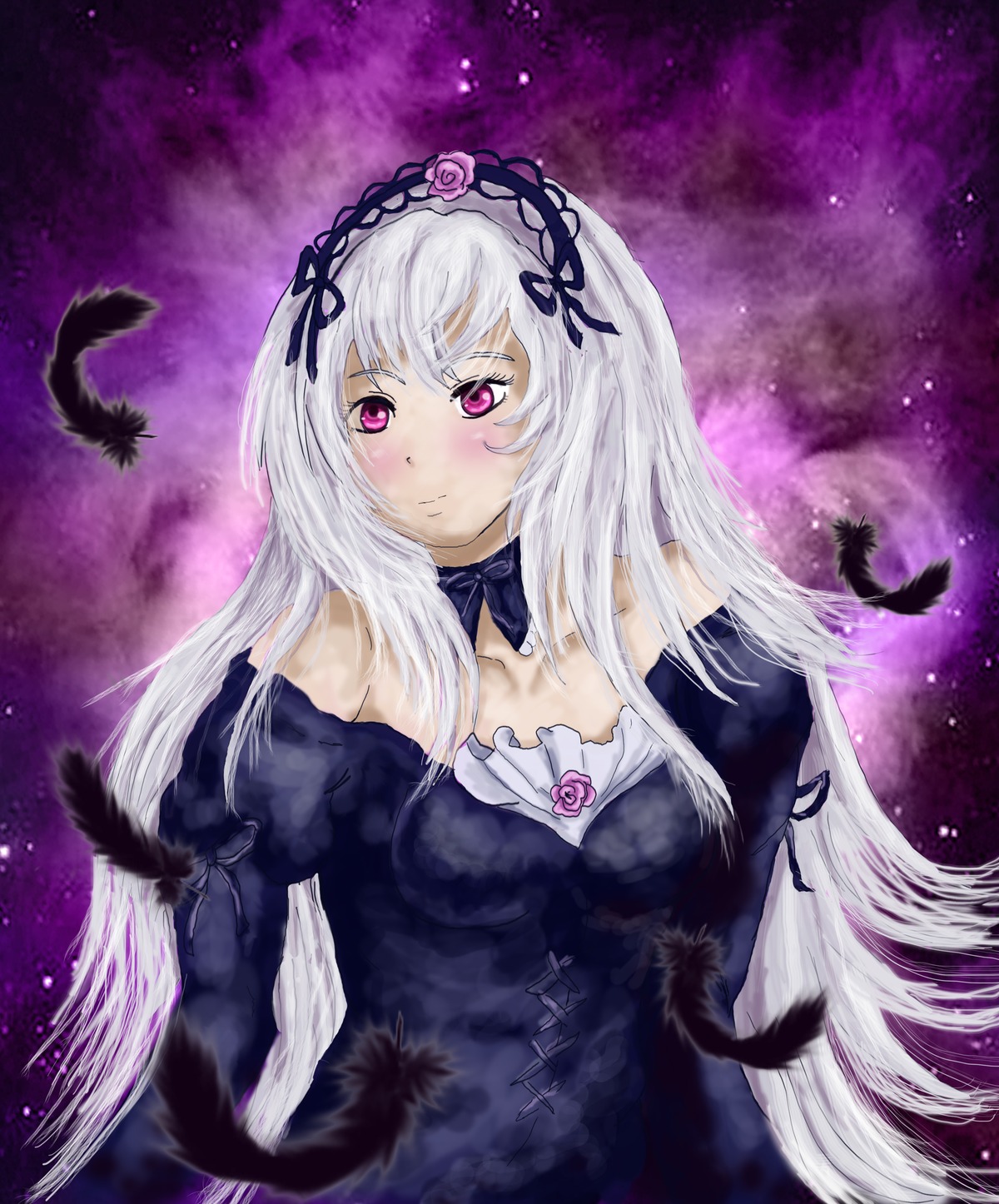 1girl black_feathers black_wings blush bow breasts detached_collar dress feathered_wings feathers flower hairband image long_hair long_sleeves looking_at_viewer pink_eyes silver_hair solo suigintou very_long_hair wings