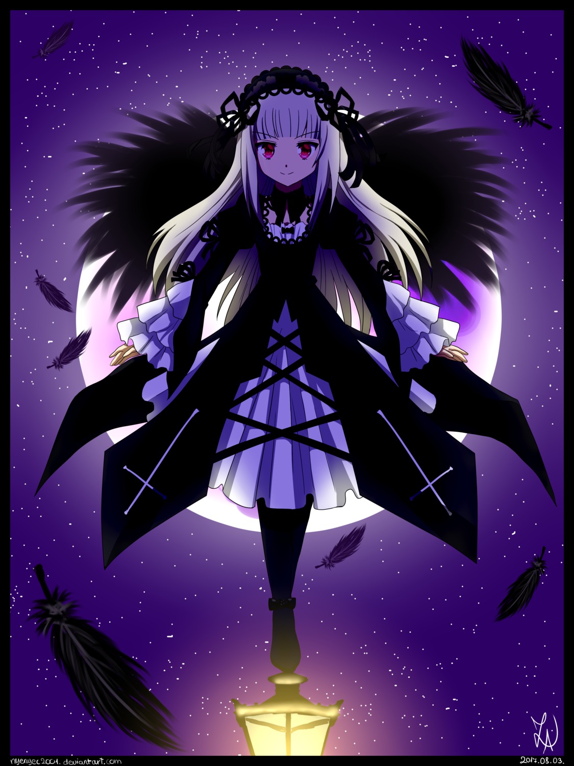 1girl dress feathers hairband image letterboxed long_hair night night_sky red_eyes sky smile solo star_(sky) starry_sky suigintou wings