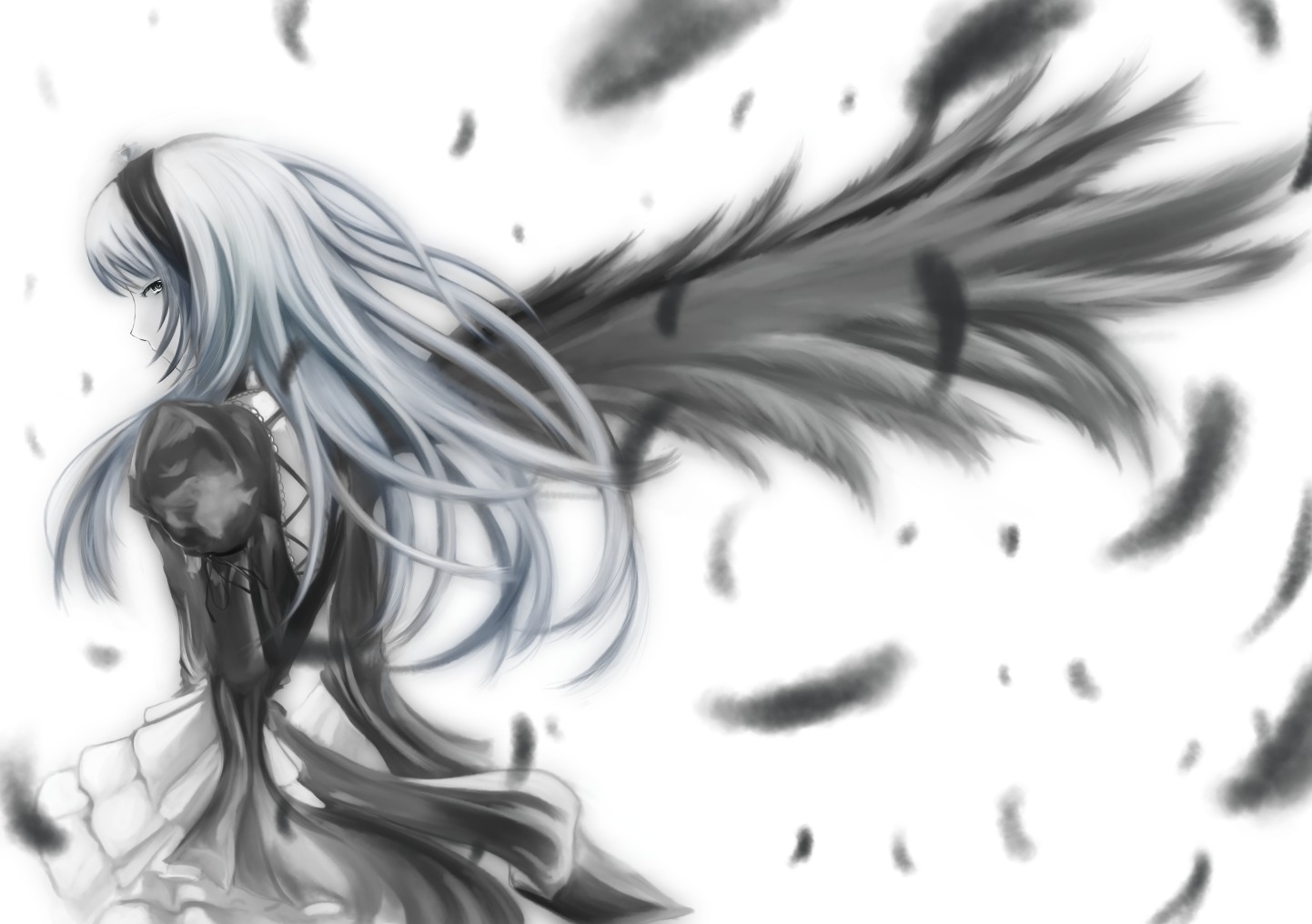 1girl black_dress blurry blurry_background blurry_foreground closed_mouth depth_of_field dress feathers floating_hair frills greyscale hairband image long_hair long_sleeves monochrome motion_blur profile solo standing suigintou very_long_hair white_background