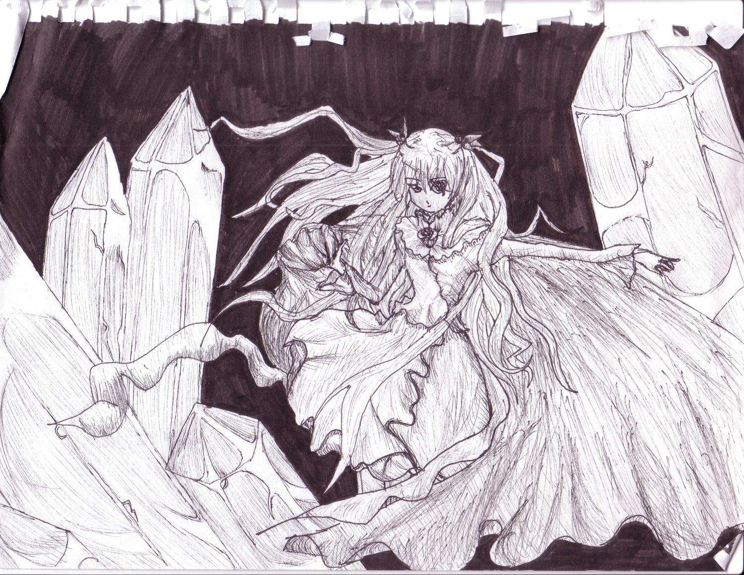 1girl barasuishou dress frills greyscale image long_hair looking_at_viewer monochrome solo traditional_media very_long_hair