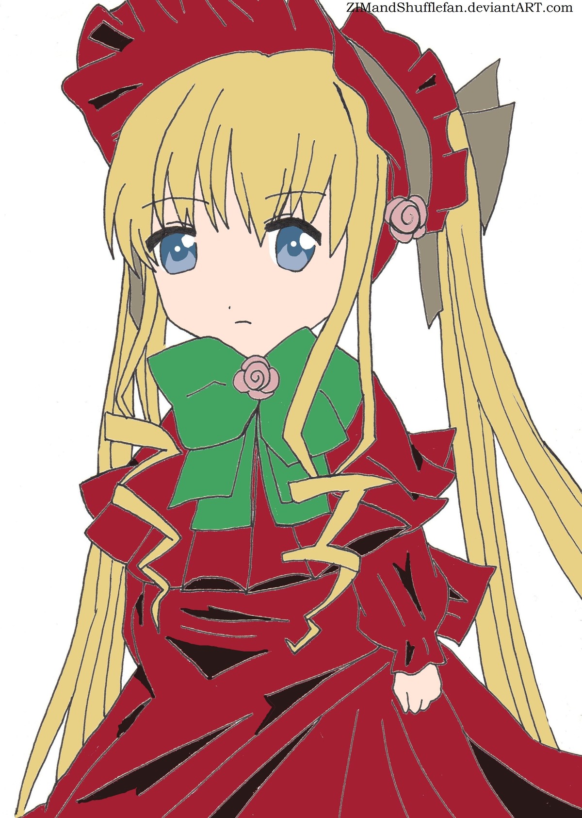 1girl auto_tagged blonde_hair blue_eyes bonnet bow bowtie dress green_bow image long_hair long_sleeves looking_at_viewer red_dress shinku sidelocks simple_background solo twintails white_background