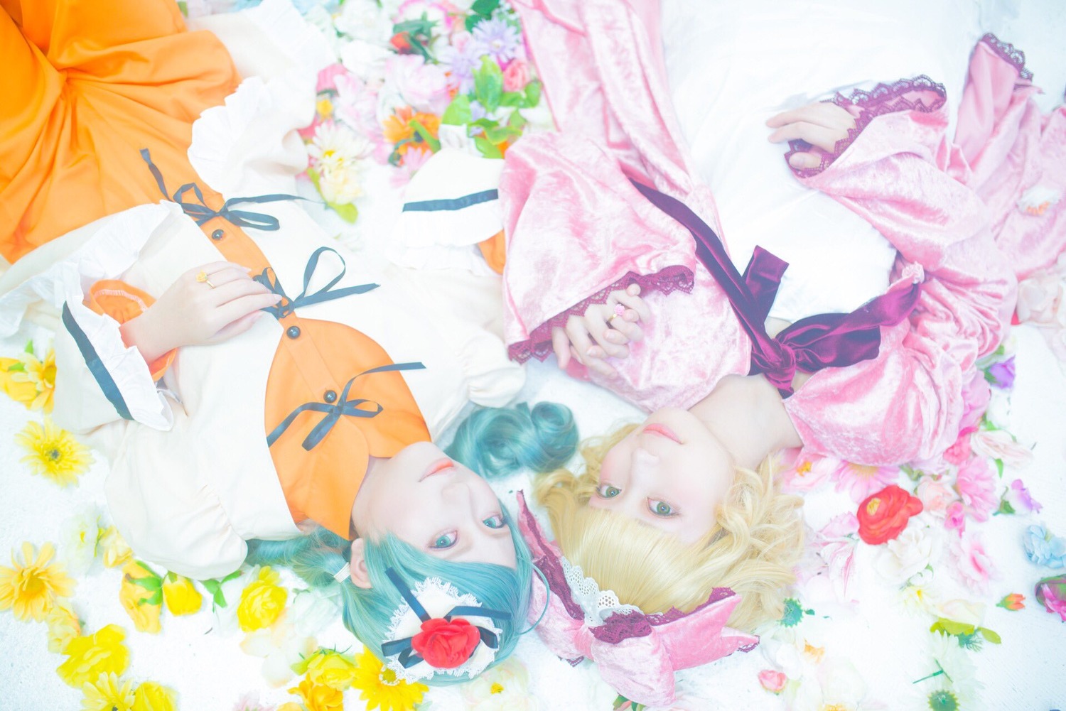 aqua_eyes aqua_hair blonde_hair blue_eyes dress flower kagamine_rin looking_at_viewer lying multiple_cosplay neck_ribbon ribbon rose short_hair striped tagme