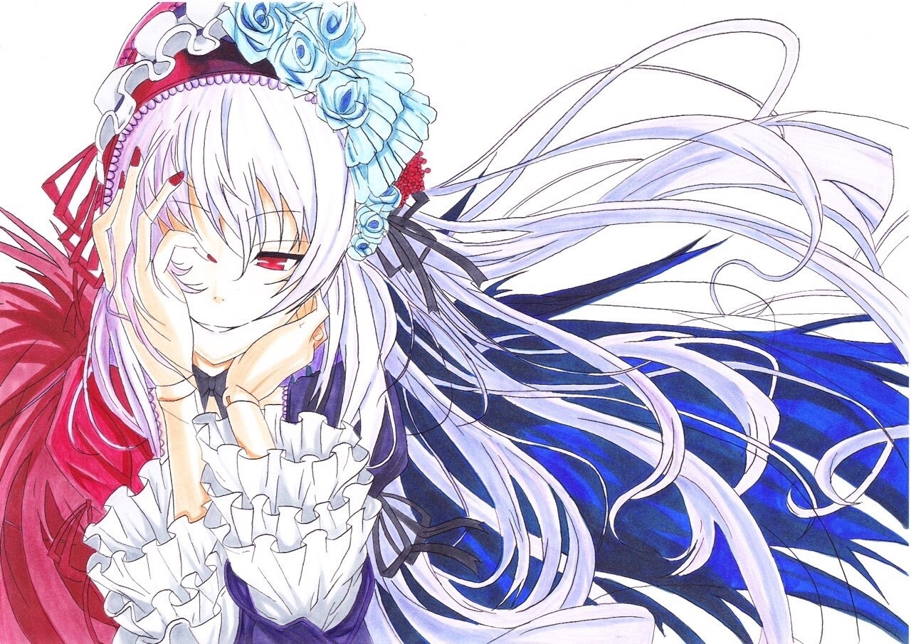 1girl dress floating_hair flower frilled_sleeves frills hairband hands_on_own_face image long_hair long_sleeves red_eyes rose silver_hair smile solo suigintou very_long_hair wings