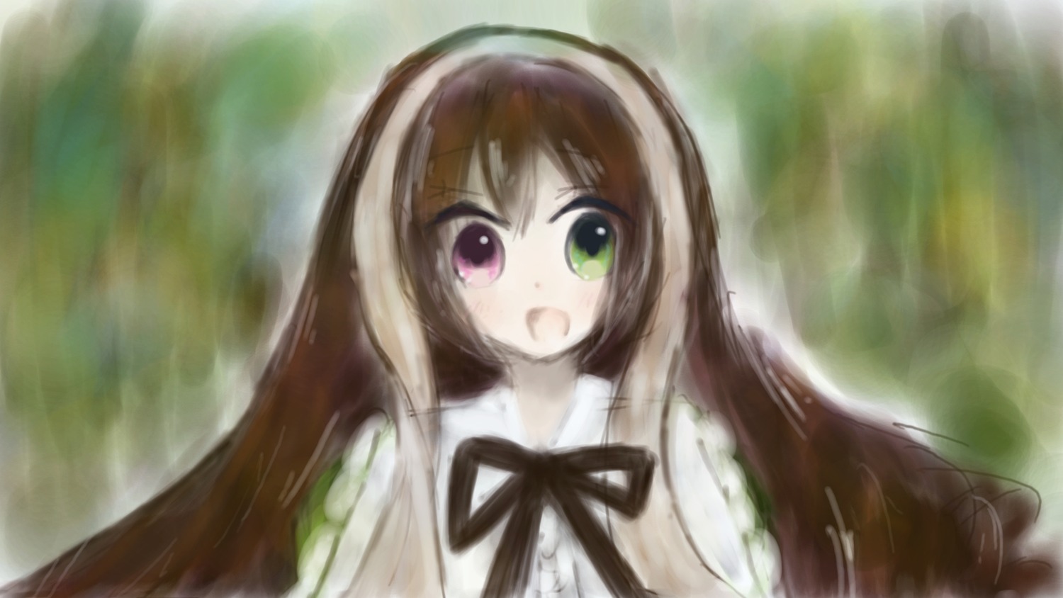 1girl :d black_ribbon blush brown_hair dress green_eyes heterochromia image long_hair long_sleeves looking_at_viewer open_mouth outdoors rain red_eyes smile solo suiseiseki very_long_hair