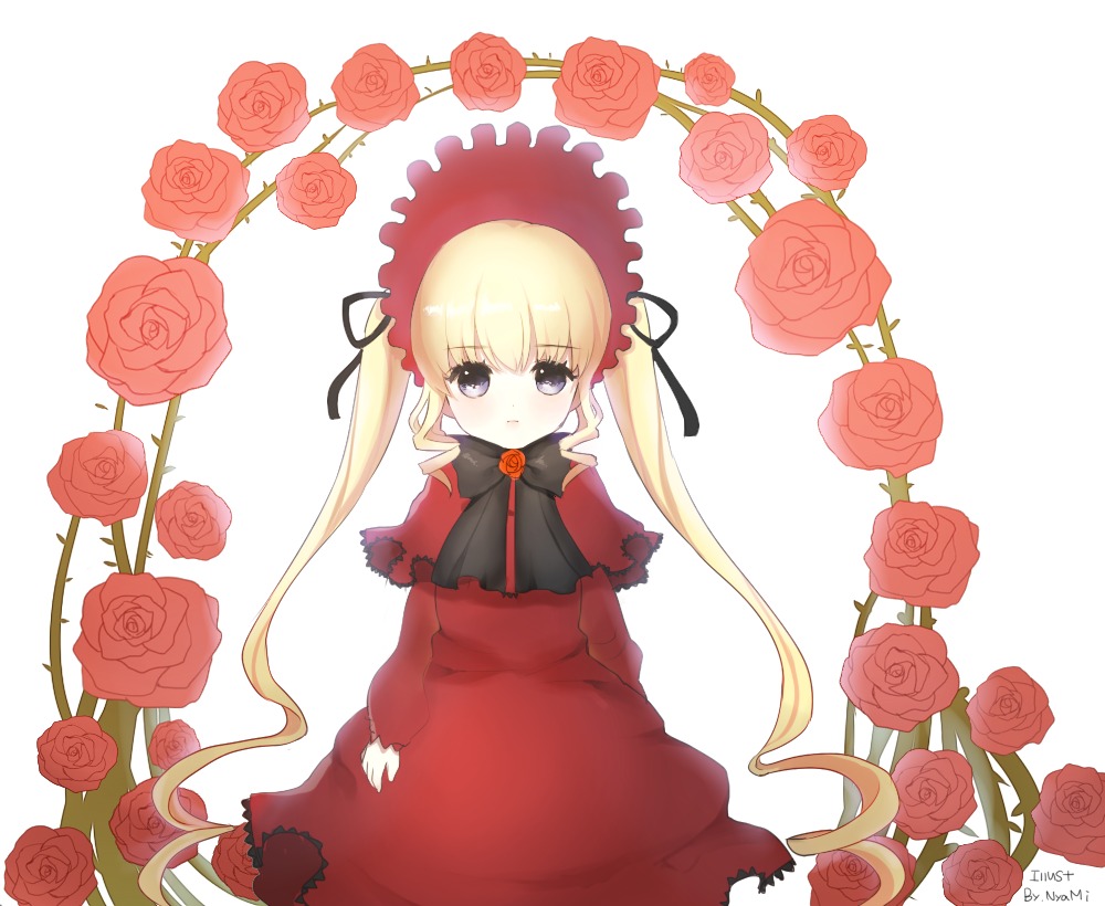 1girl black_rose blonde_hair blue_rose blush camellia capelet dress drill_hair flower image long_hair looking_at_viewer orange_flower pink_flower pink_rose purple_flower purple_rose red_capelet red_flower red_rose rose rose_petals shinku solo thorns twintails vines white_rose yellow_rose