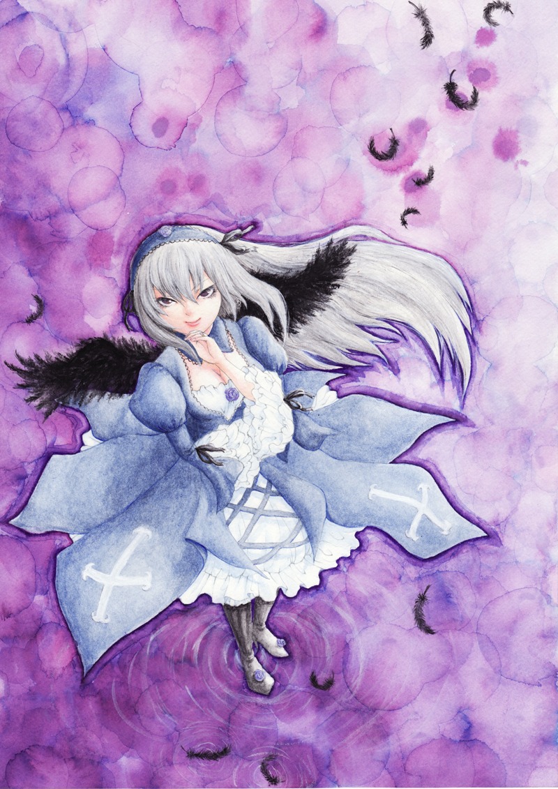 1girl breasts dress feathers finger_to_mouth flower frills hairband high_heels image long_hair long_sleeves ribbon rose silver_hair solo suigintou wings