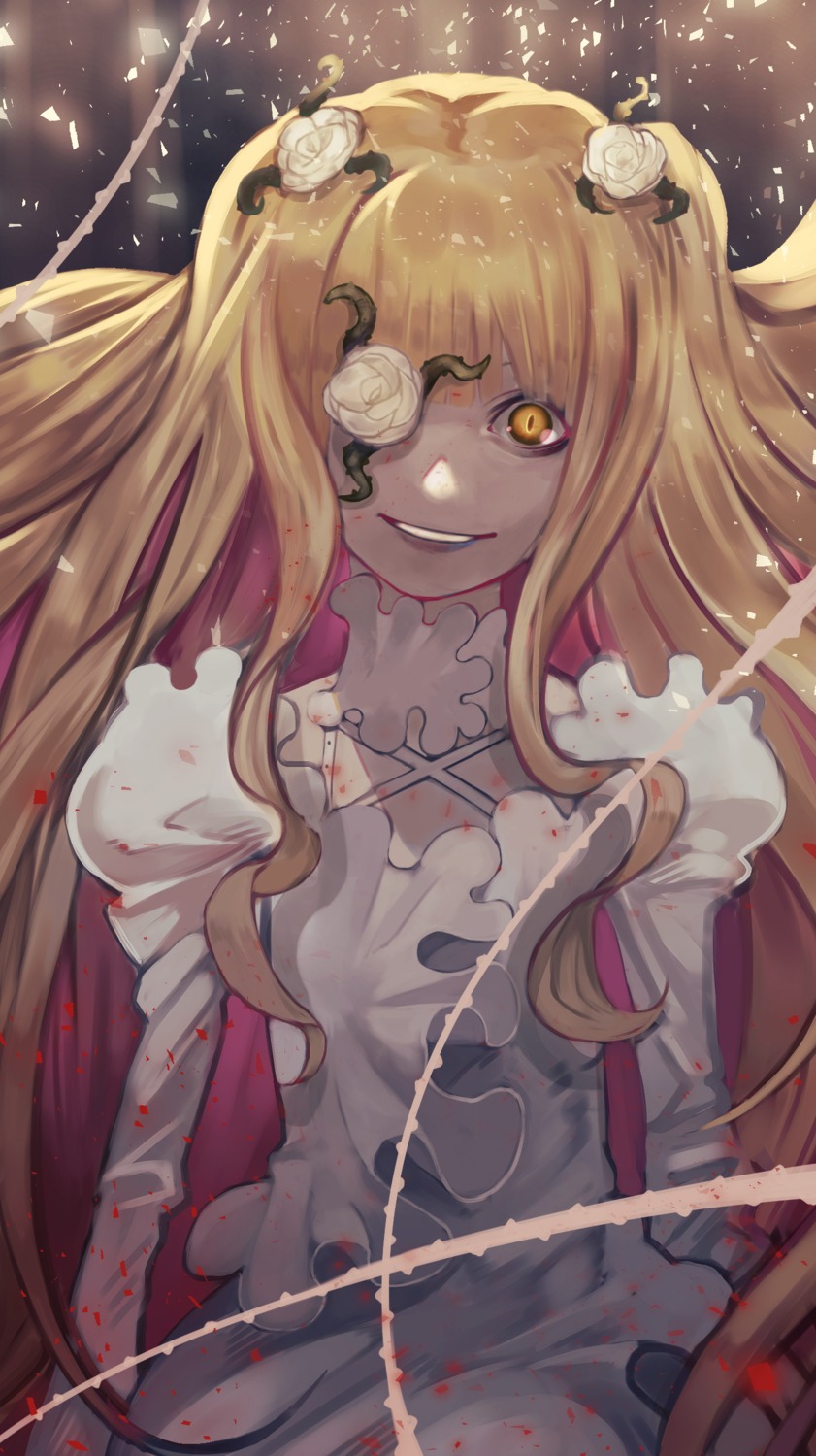 1girl blonde_hair blood dress eyepatch flower grin hair_flower hair_ornament image kirakishou long_hair looking_at_viewer rose smile solo thorns two_side_up white_dress white_flower white_rose yellow_eyes