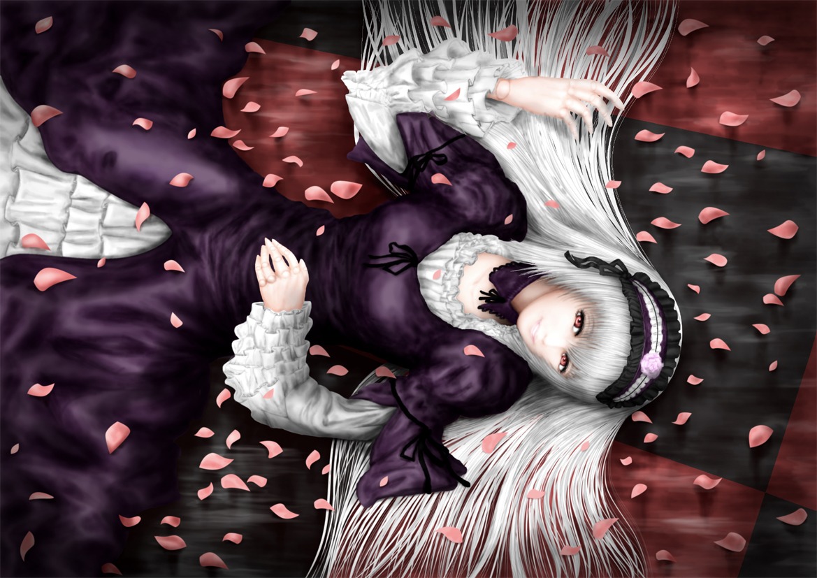 1girl auto_tagged cherry_blossoms dress frills from_above gothic_lolita hairband image juliet_sleeves lolita_fashion lolita_hairband long_hair long_sleeves looking_at_viewer petals puffy_sleeves red_eyes rose_petals silver_hair solo suigintou