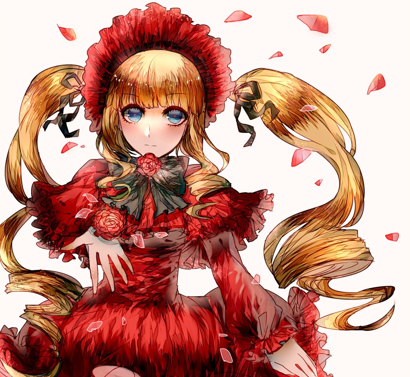 1girl blonde_hair blue_eyes bonnet bow bowtie dress drill_hair flower frills image long_hair long_sleeves looking_at_viewer petals red_capelet red_dress red_flower red_rose rose rose_petals shinku solo twin_drills twintails very_long_hair