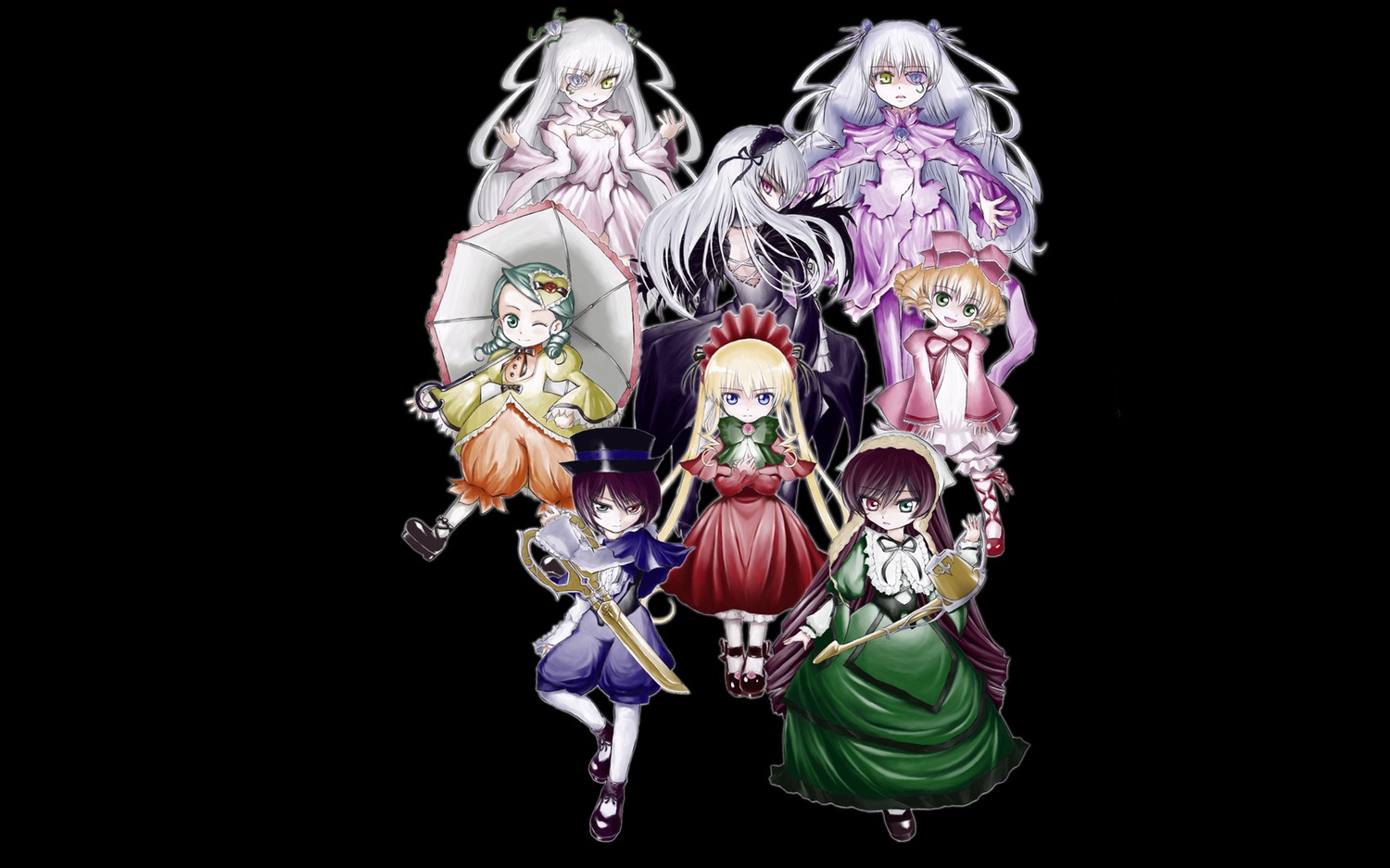 6+girls blonde_hair blue_eyes bow brown_hair dress full_body hairband hat hina_ichigo image long_hair multiple multiple_girls red_eyes shinku short_hair silver_hair souseiseki suiseiseki tagme transparent_background very_long_hair weapon yellow_eyes