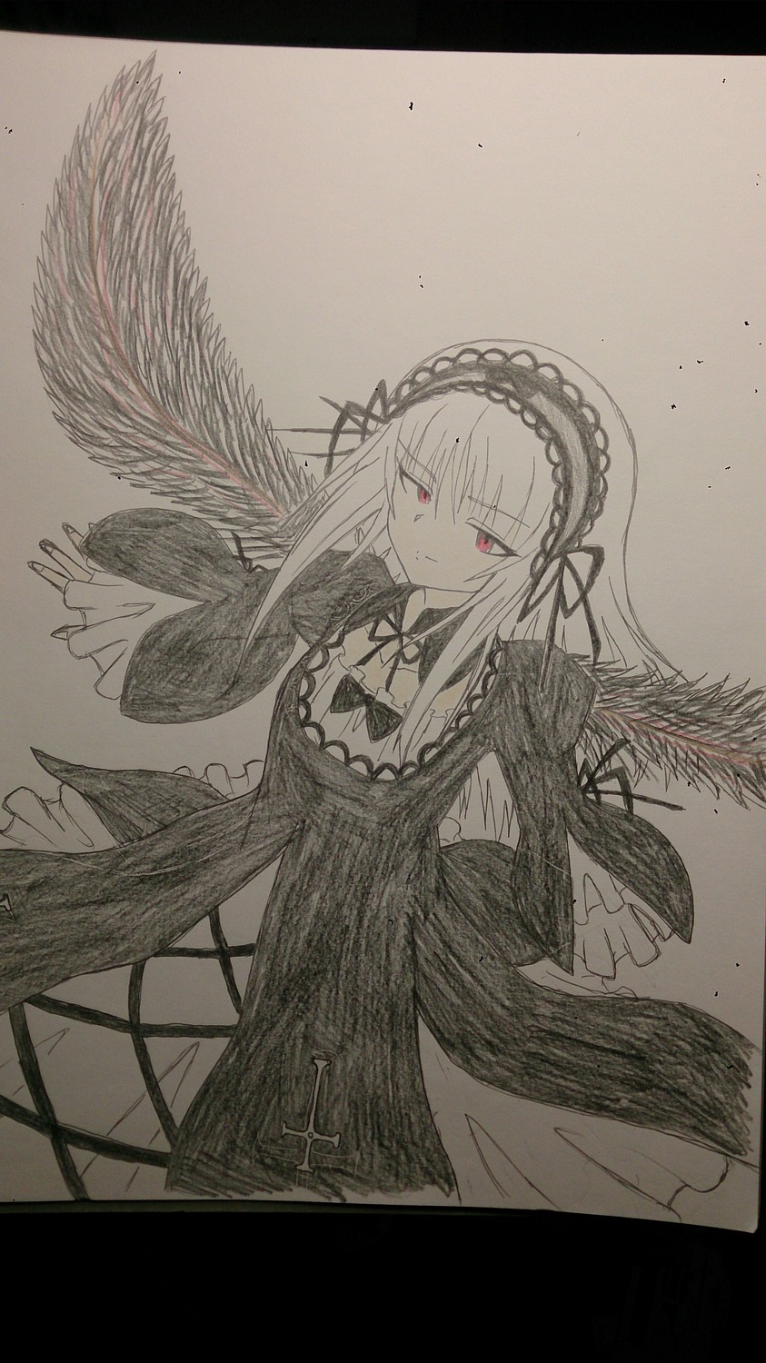 1girl closed_mouth dress eyebrows_visible_through_hair feathers frills hairband image letterboxed long_hair long_sleeves looking_at_viewer monochrome red_eyes ribbon solo suigintou traditional_media very_long_hair wings