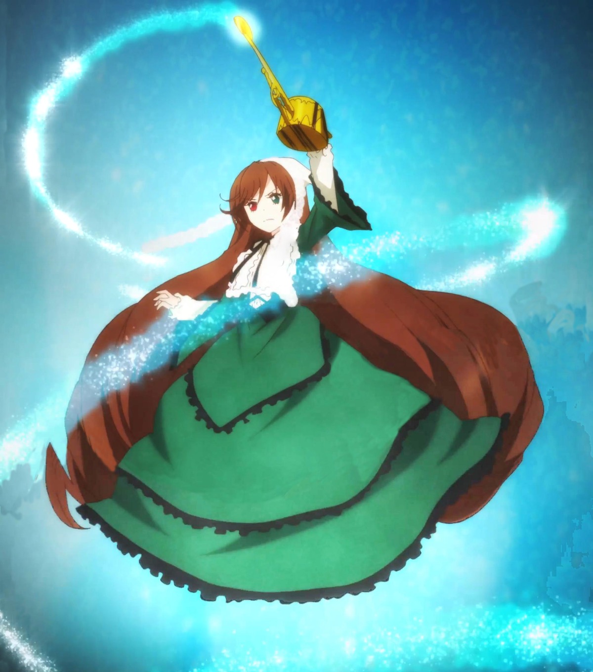 1girl brown_hair dress frills green_dress green_eyes heterochromia image long_hair long_sleeves red_eyes solo souseiseki suiseiseki very_long_hair