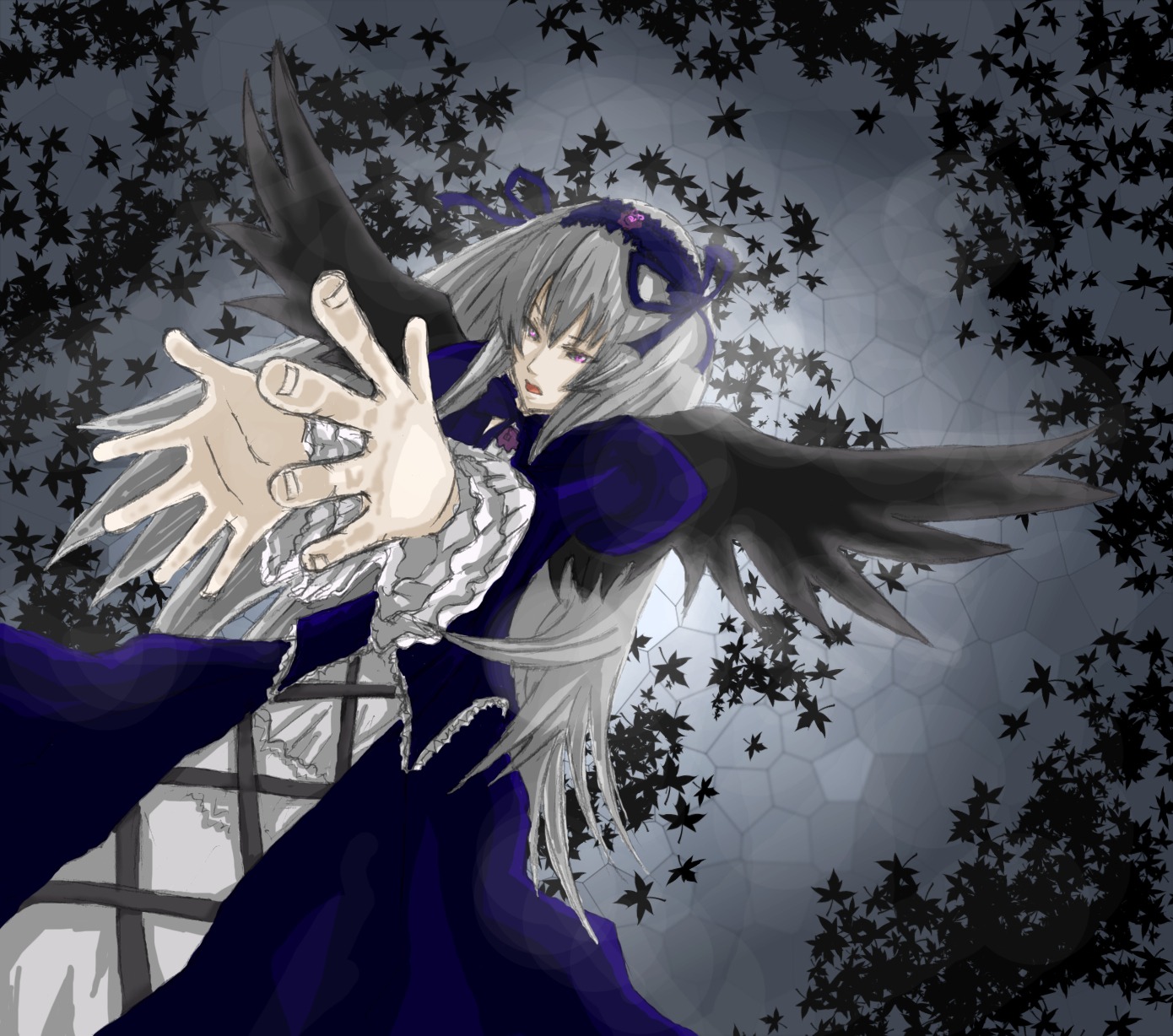 1girl autumn_leaves black_wings dress frilled_sleeves frills hairband image leaf long_hair long_sleeves looking_at_viewer maple_leaf outstretched_hand purple_eyes silver_hair solo suigintou wings