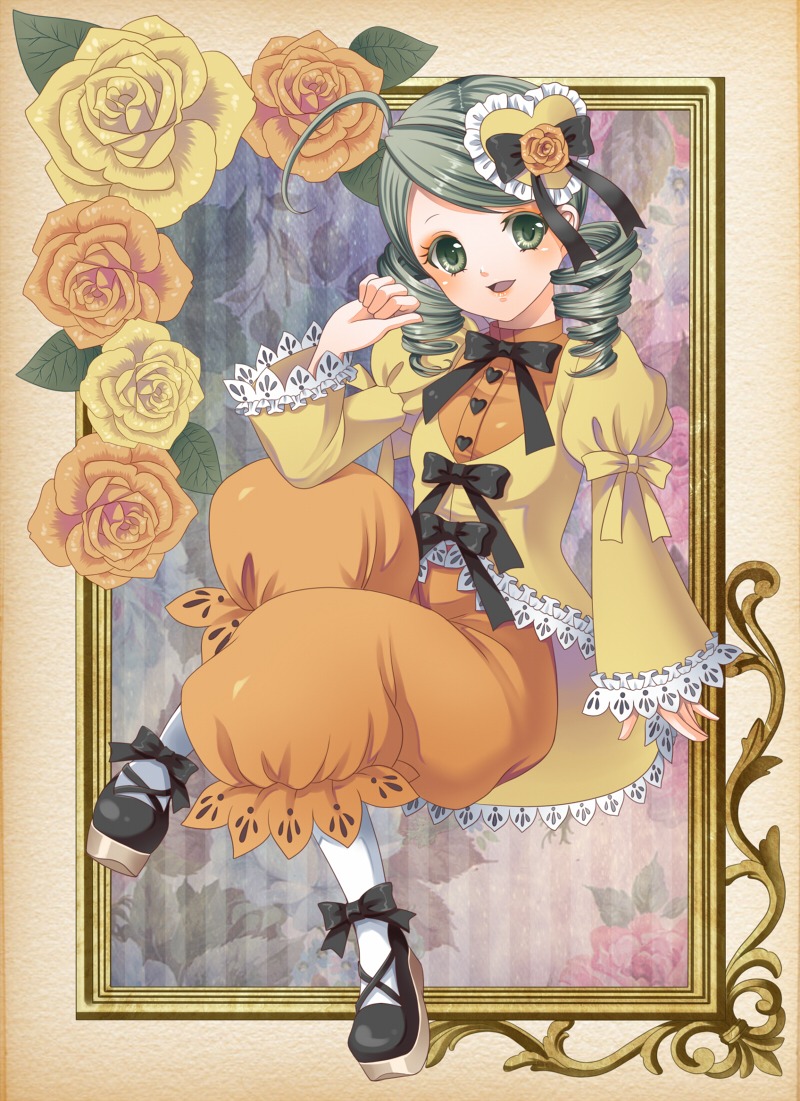 1girl bow dress drill_hair flower green_eyes green_hair hair_ornament image kanaria open_mouth pantyhose pink_rose red_flower red_rose ribbon rose smile solo twin_drills white_legwear yellow_flower yellow_rose