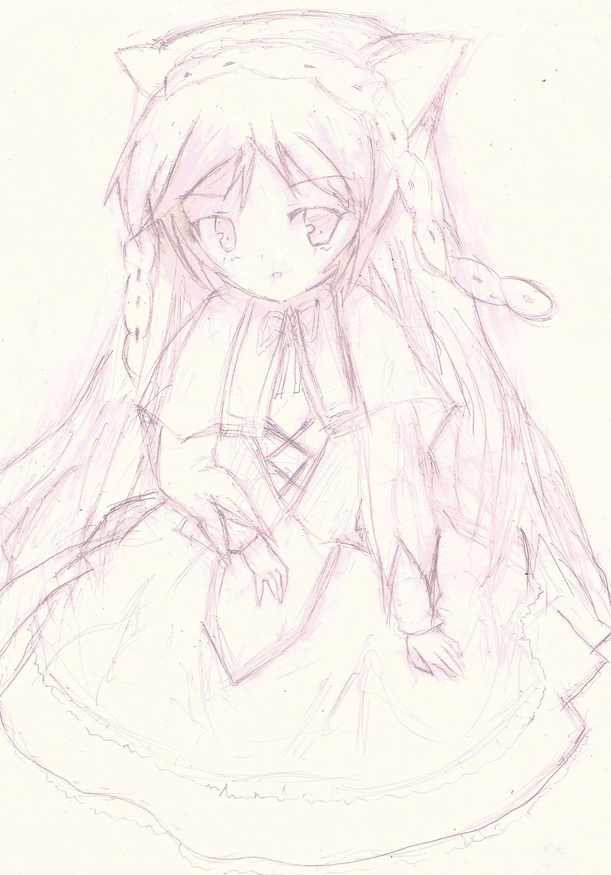 1girl akemi_homura animal_ears dress image kaname_madoka long_hair monochrome ribbon sketch solo suiseiseki