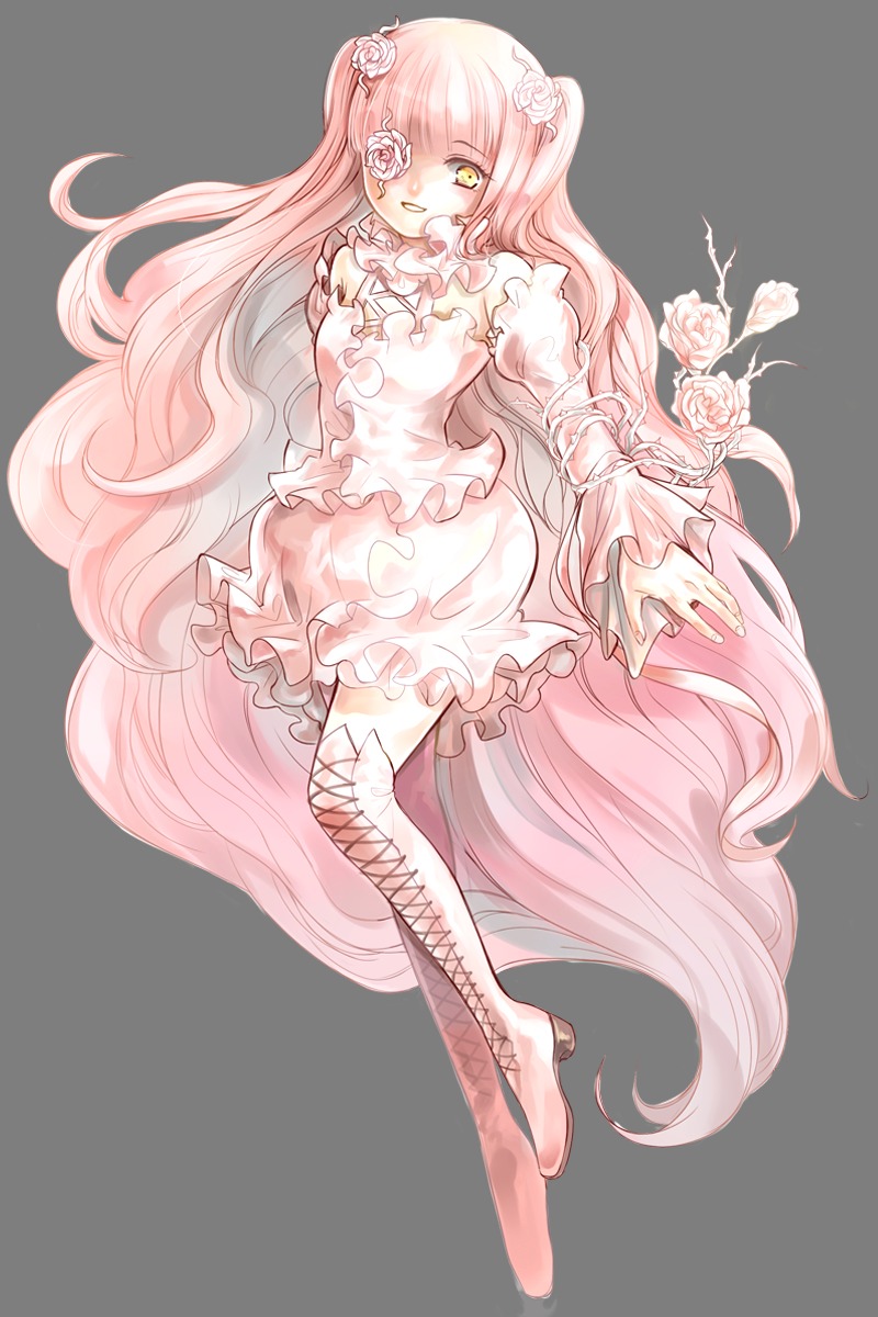 1girl absurdly_long_hair boots detached_sleeves dress flower frills full_body hair_flower hair_ornament image kirakishou knee_boots long_hair pink_hair rose smile solo thigh_boots thighhighs transparent_background very_long_hair white_dress white_flower white_rose yellow_eyes