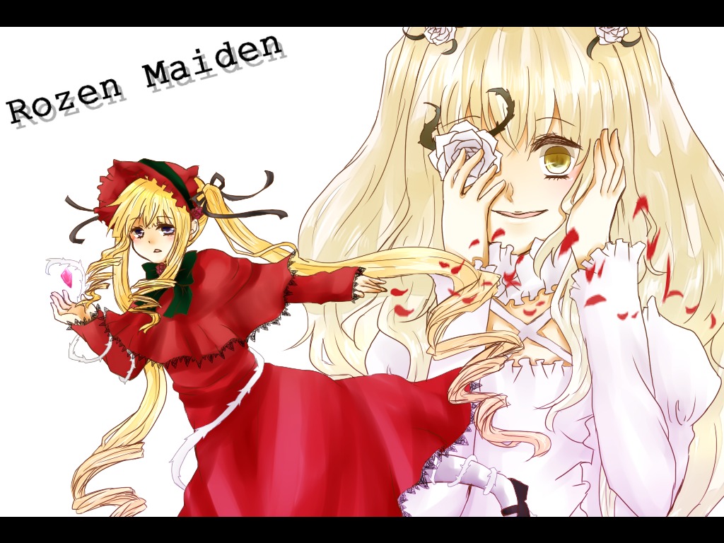 1girl blonde_hair blood bonnet bow dress heart image kirakishou letterboxed long_hair pair red_dress shinku tears twintails