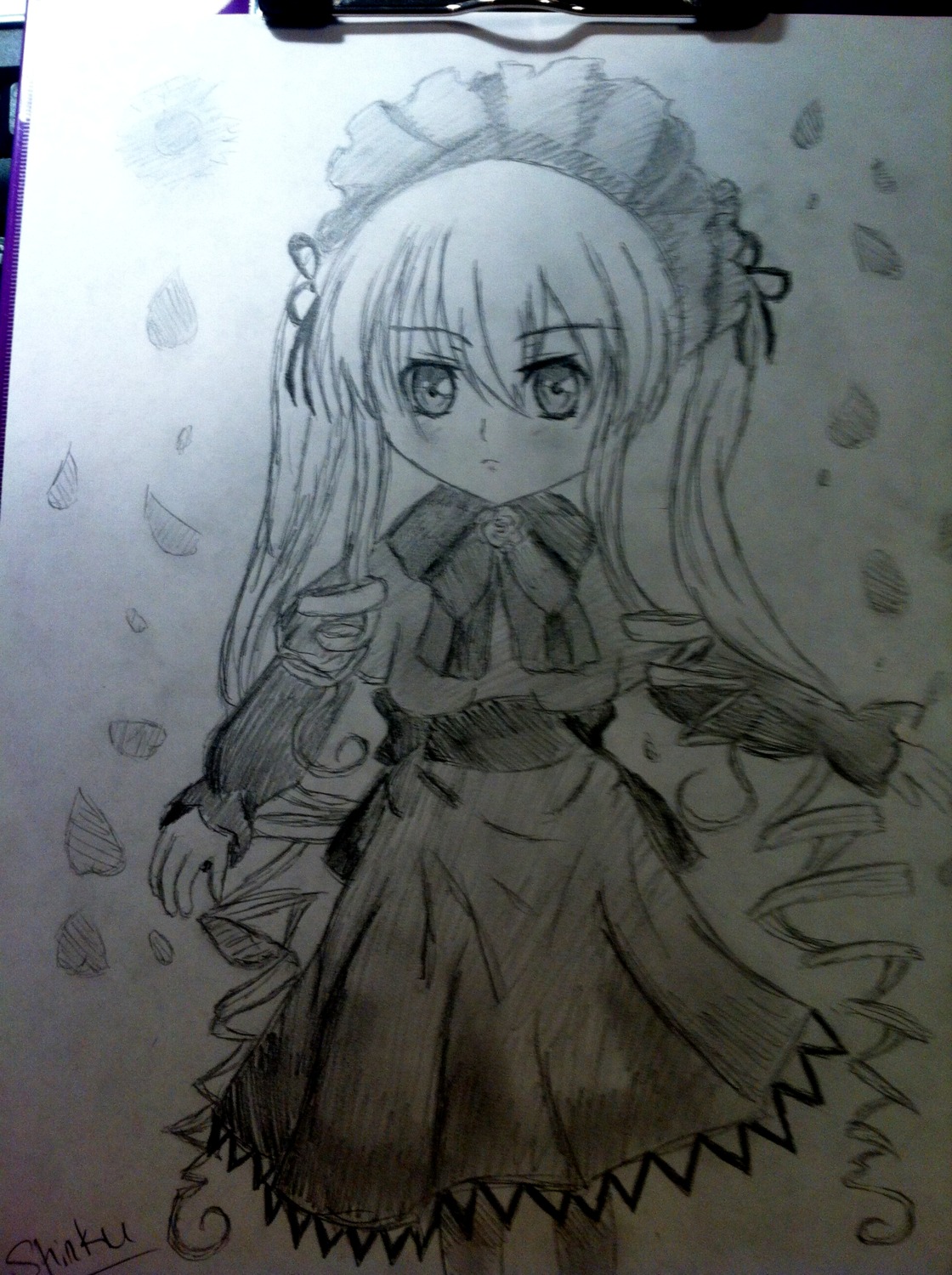 1girl bowtie dress image long_hair long_sleeves looking_at_viewer monochrome petals ribbon shinku solo traditional_media