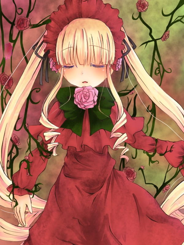 1girl blonde_hair blush bow bowtie closed_eyes dress flower image long_hair pink_flower pink_rose plant red_dress red_flower red_rose rose shinku sleeping solo thorns twintails vines