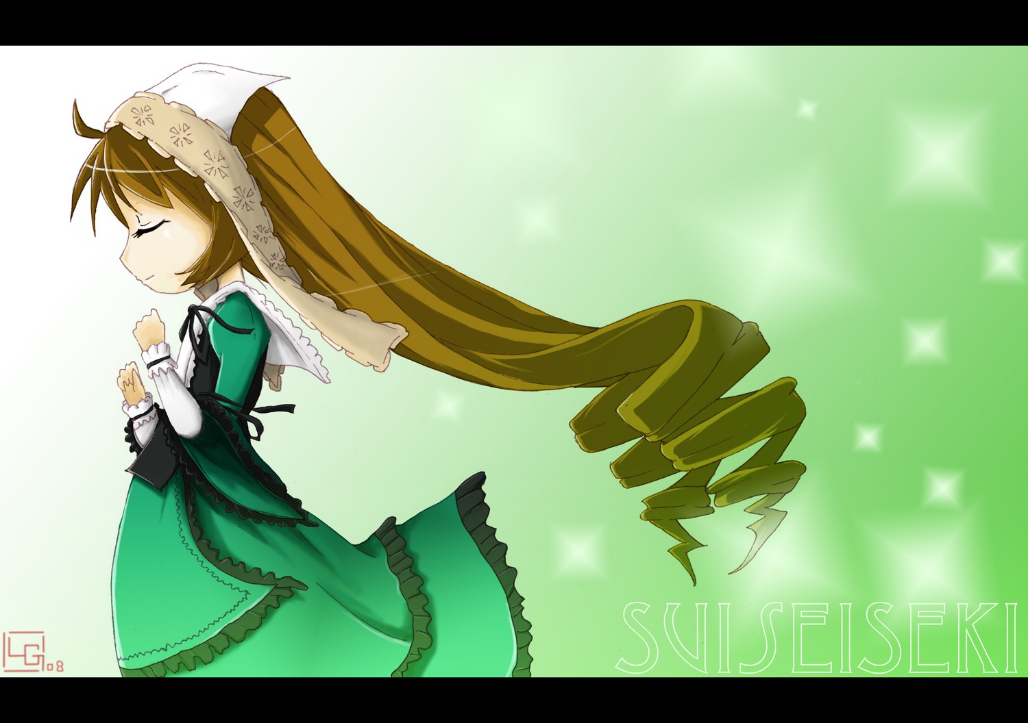 1girl brown_hair closed_eyes dress frills green_background green_dress hat head_scarf image letterboxed long_hair long_sleeves profile solo suiseiseki very_long_hair