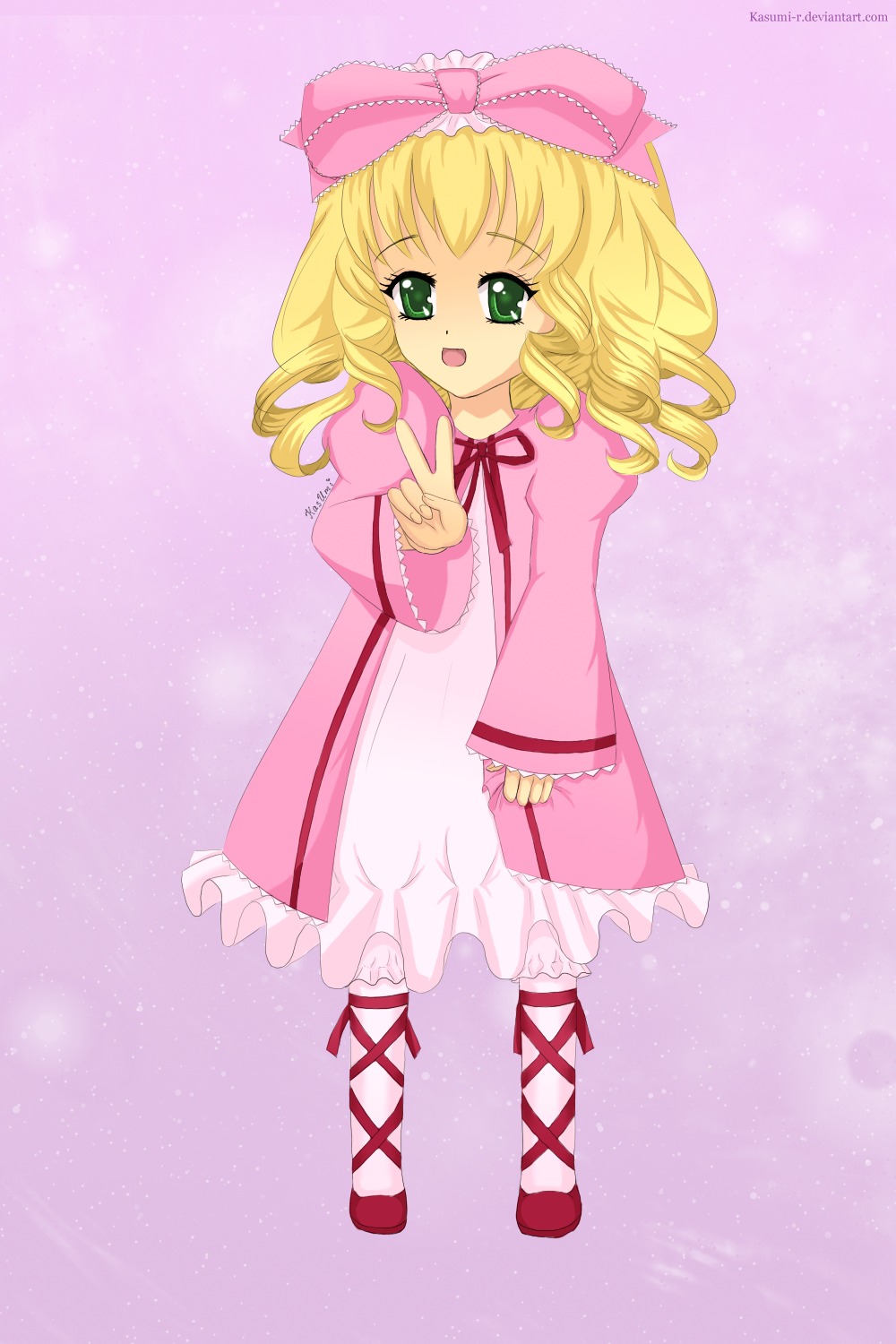 1girl :d blonde_hair bow cross-laced_footwear dress frills full_body green_eyes hair_bow hand_up hina_ichigo hinaichigo image long_sleeves looking_at_viewer open_mouth pink_bow pink_dress pink_footwear purple_background short_hair smile solo standing v