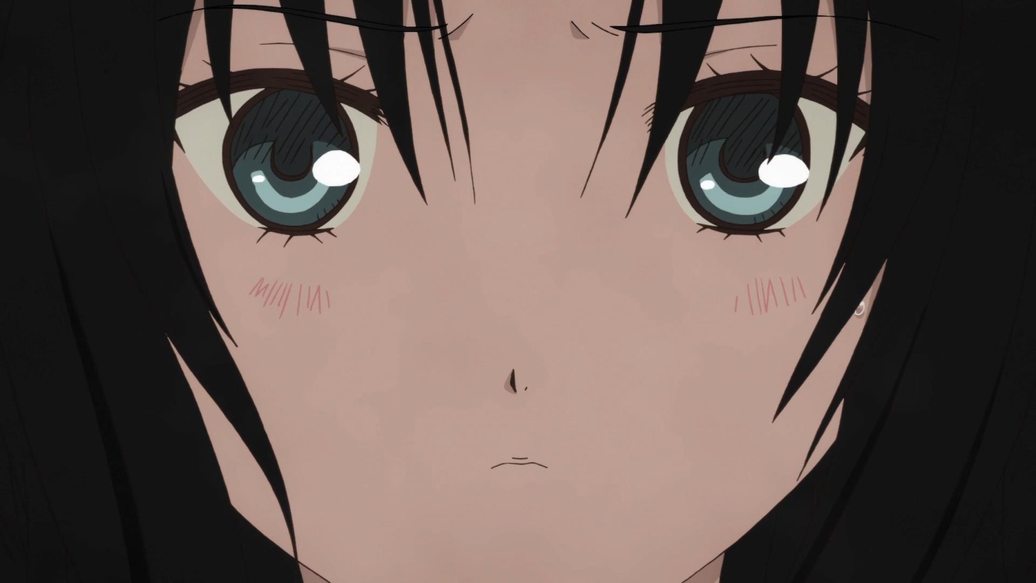 1girl bangs black_hair blue_eyes blush close-up closed_mouth eyebrows_visible_through_hair face hair_between_eyes human image kakizaki_megu looking_at_viewer screenshot simple_background solo