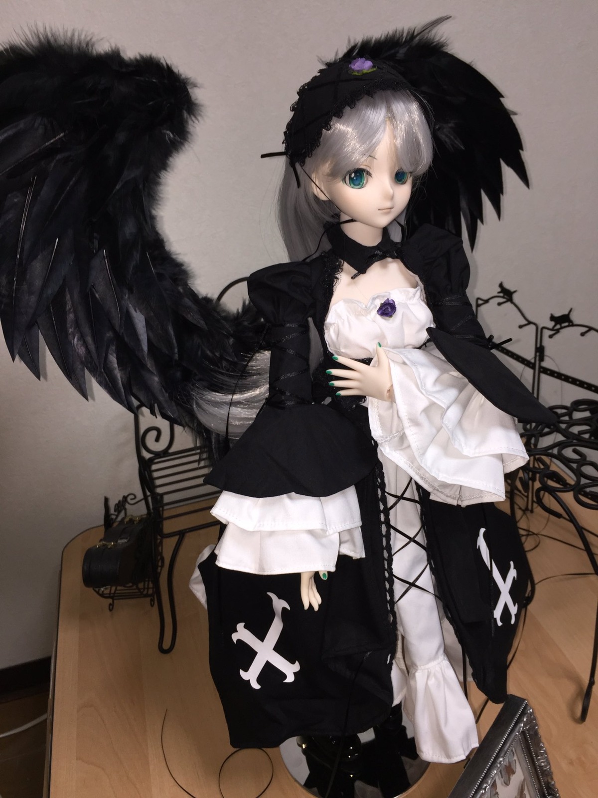 1girl chair choker doll dress instrument long_hair long_sleeves nail_polish ring solo suigintou white_hair wings