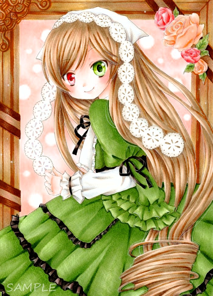 1girl brown_hair dress flower frills green_dress green_eyes head_scarf heterochromia image long_hair long_sleeves looking_at_viewer looking_back marker_(medium) pink_flower red_eyes rose smile solo suiseiseki traditional_media very_long_hair