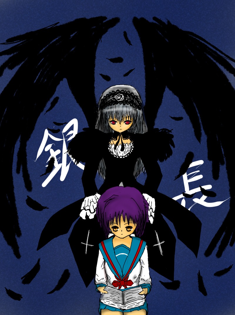 2girls hairband image kita_high_school_uniform long_sleeves looking_at_viewer multiple_girls nagato_yuki purple_hair school_uniform serafuku short_hair solo suigintou wings