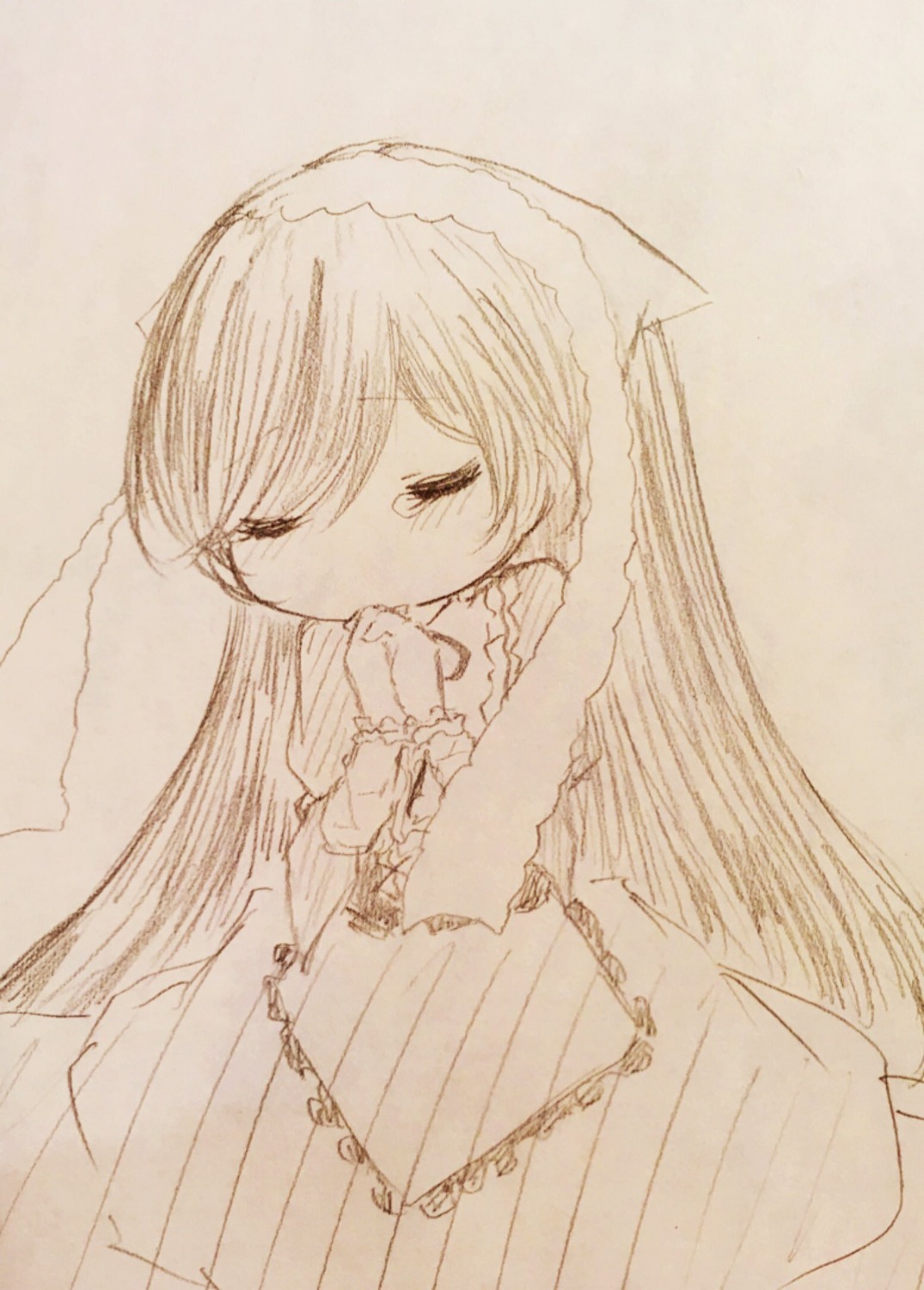 1girl closed_eyes dress image long_hair long_sleeves monochrome solo standing suiseiseki very_long_hair