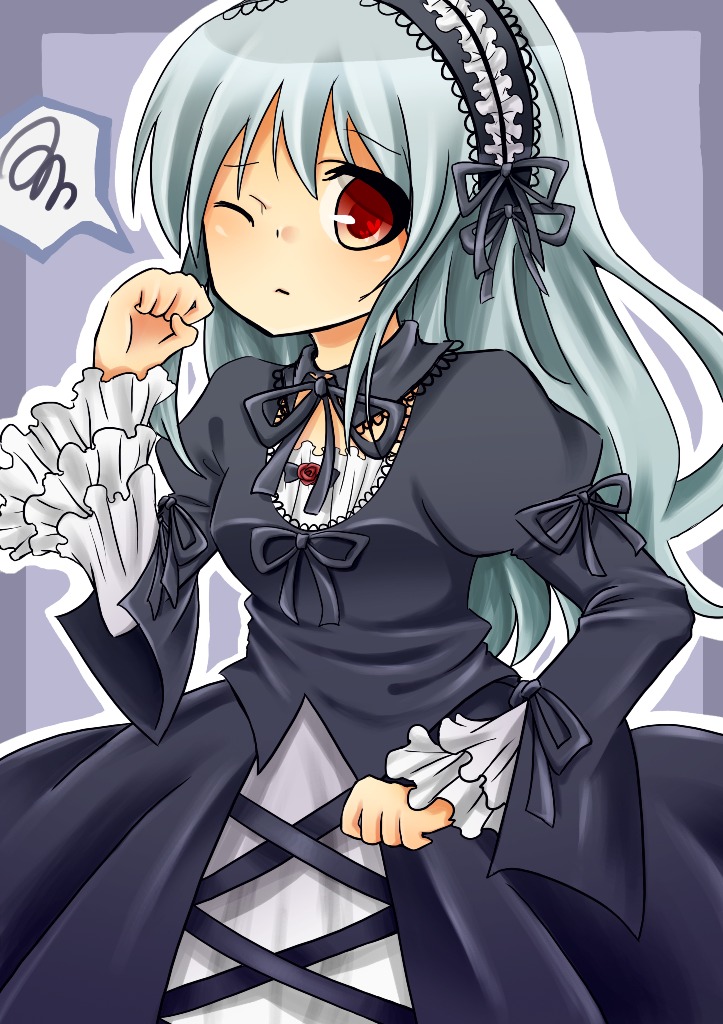 1girl black_dress black_ribbon dress frills gothic_lolita hairband image juliet_sleeves lolita_fashion lolita_hairband long_hair long_sleeves looking_at_viewer one_eye_closed outline red_eyes ribbon silver_hair solo squiggle suigintou