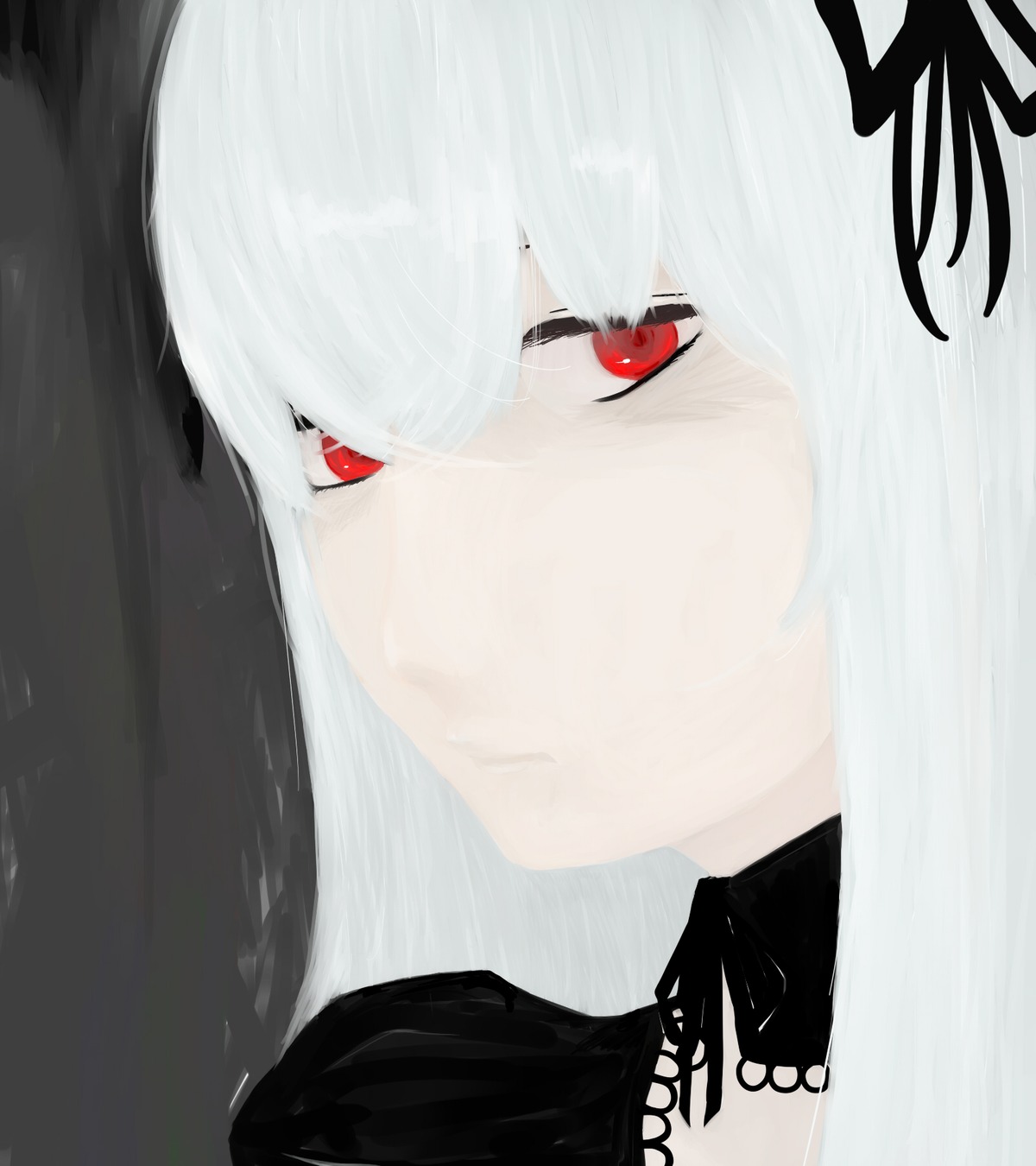 1girl bangs closed_mouth face image looking_at_viewer pale_skin portrait red_eyes solo suigintou white_hair