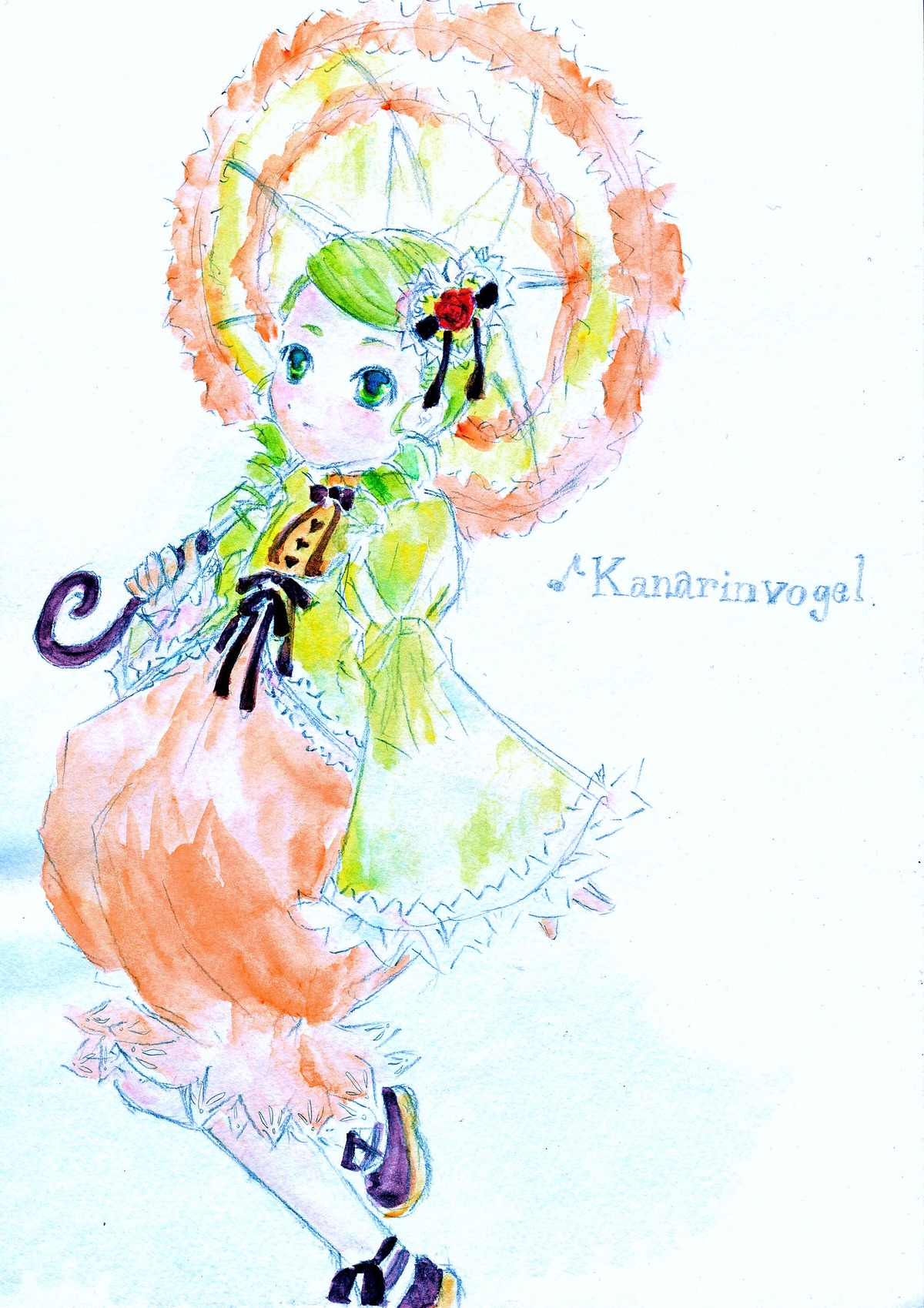 1girl dress flower frills full_body green_eyes green_hair hair_ornament holding holding_umbrella image kanaria long_sleeves looking_at_viewer parasol rain red_umbrella short_hair solo standing transparent_umbrella umbrella