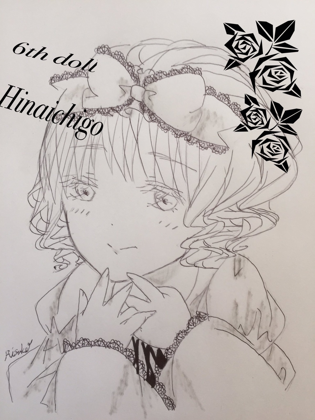 1girl blush closed_mouth eyebrows_visible_through_hair flower hair_ornament hinaichigo image jewelry long_sleeves looking_at_viewer monochrome puffy_sleeves rose solo upper_body