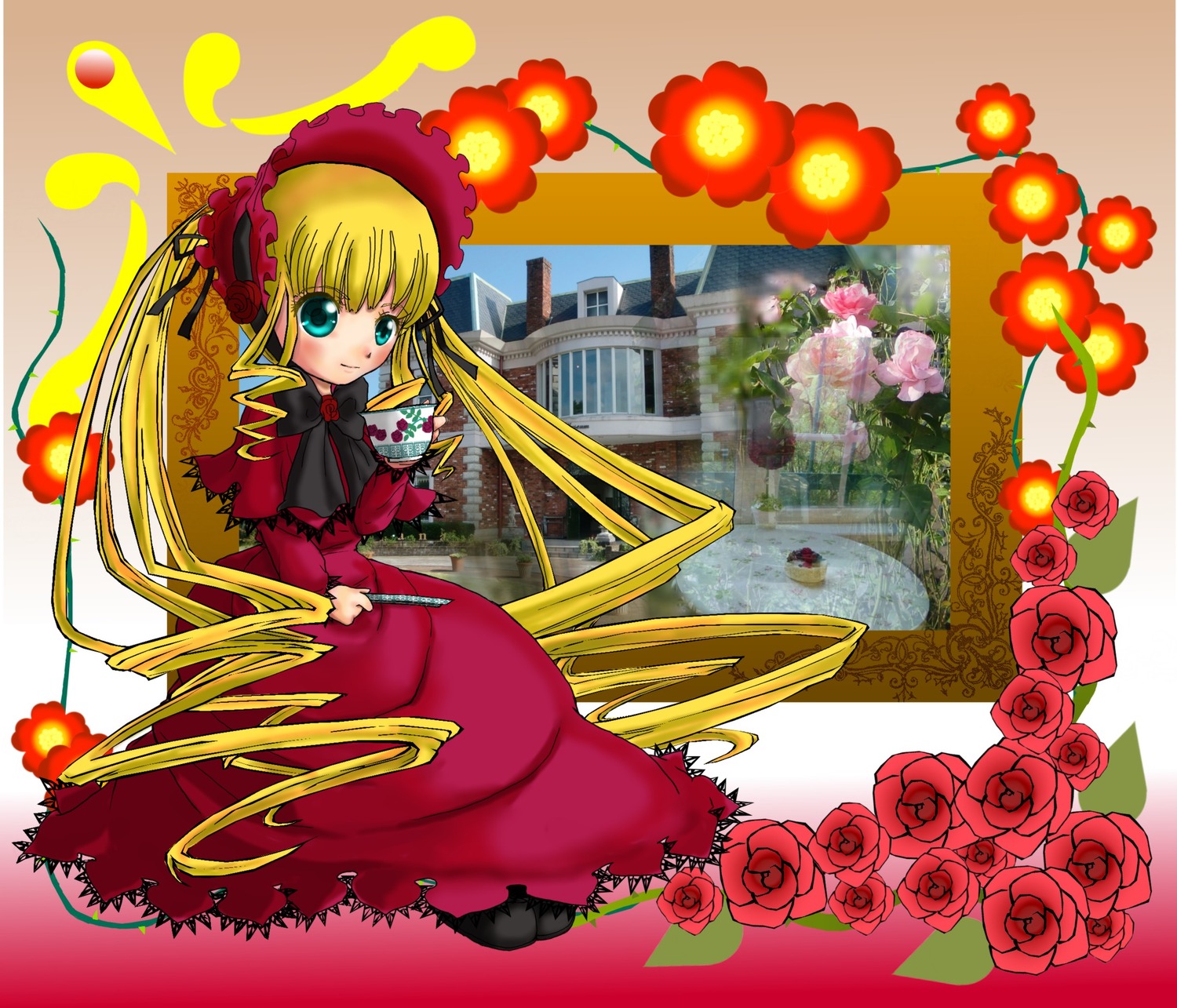 1girl blonde_hair blue_eyes bonnet bow cup dress flower frills image long_hair long_sleeves looking_at_viewer pink_rose red_dress red_flower red_rose rose shinku sitting solo tea teacup twintails very_long_hair