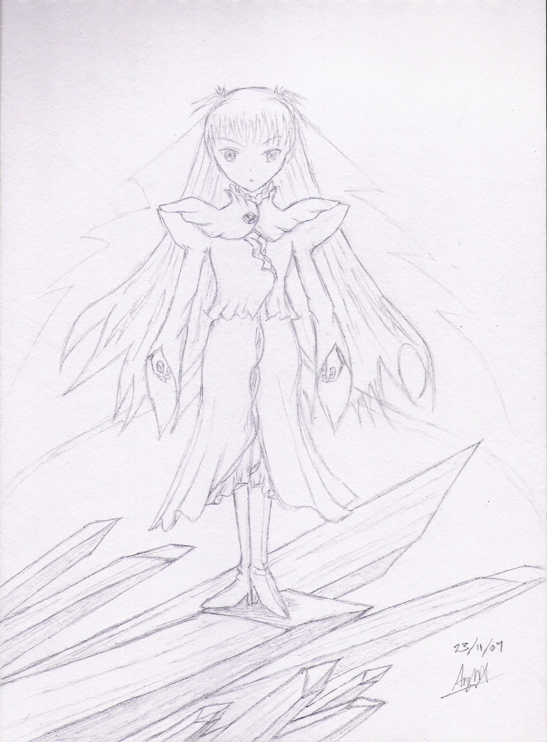 1girl barasuishou bare_shoulders boots choker dress feathered_wings full_body greyscale image long_hair looking_at_viewer monochrome signature simple_background solo standing traditional_media twintails