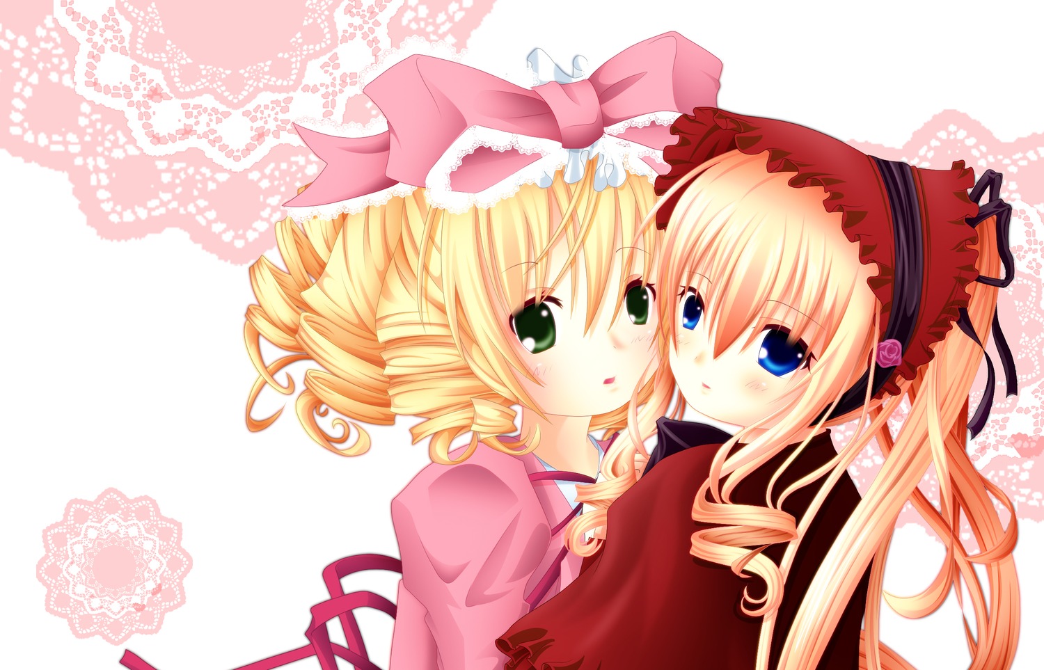 2girls blonde_hair blue_eyes blush bow drill_hair green_eyes hina_ichigo hinaichigo image long_hair looking_at_viewer multiple_girls pair pink_bow shinku twin_drills twintails