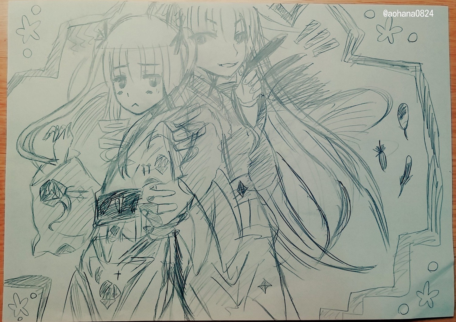 2girls akemi_homura graphite_(medium) hair_ribbon image long_hair magical_girl monochrome multiple_girls pair photo ribbon shinku sketch suigintou traditional_media