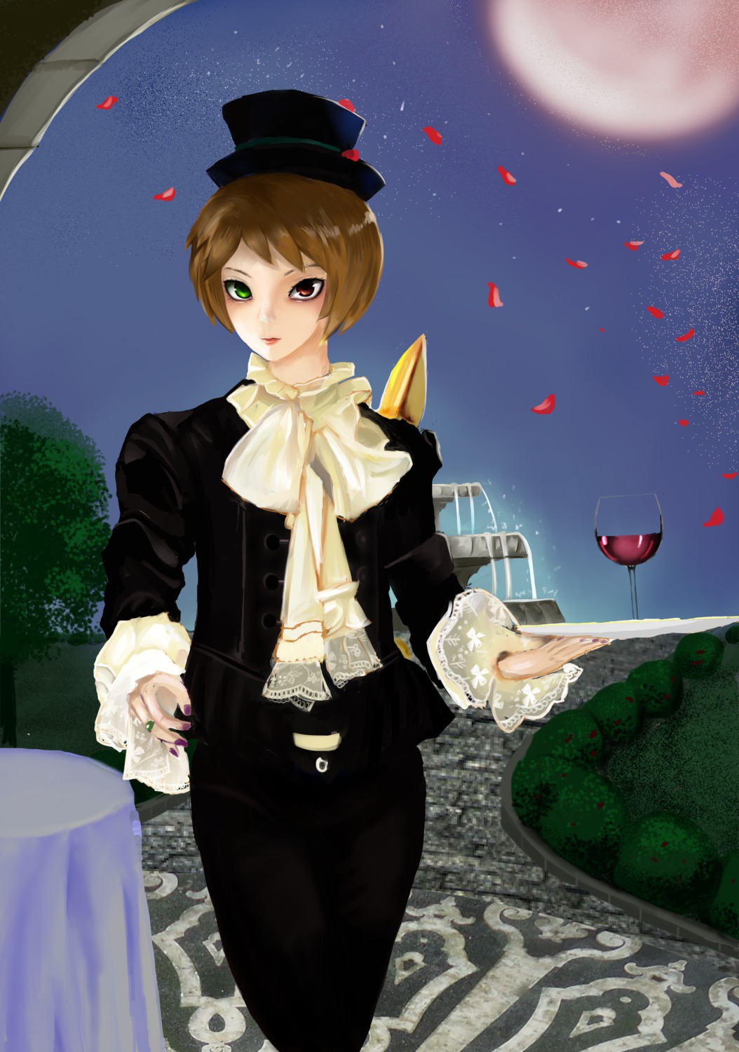 brown_hair cup full_moon green_eyes hat heterochromia image moon night petals short_hair sky solo souseiseki top_hat wine_glass