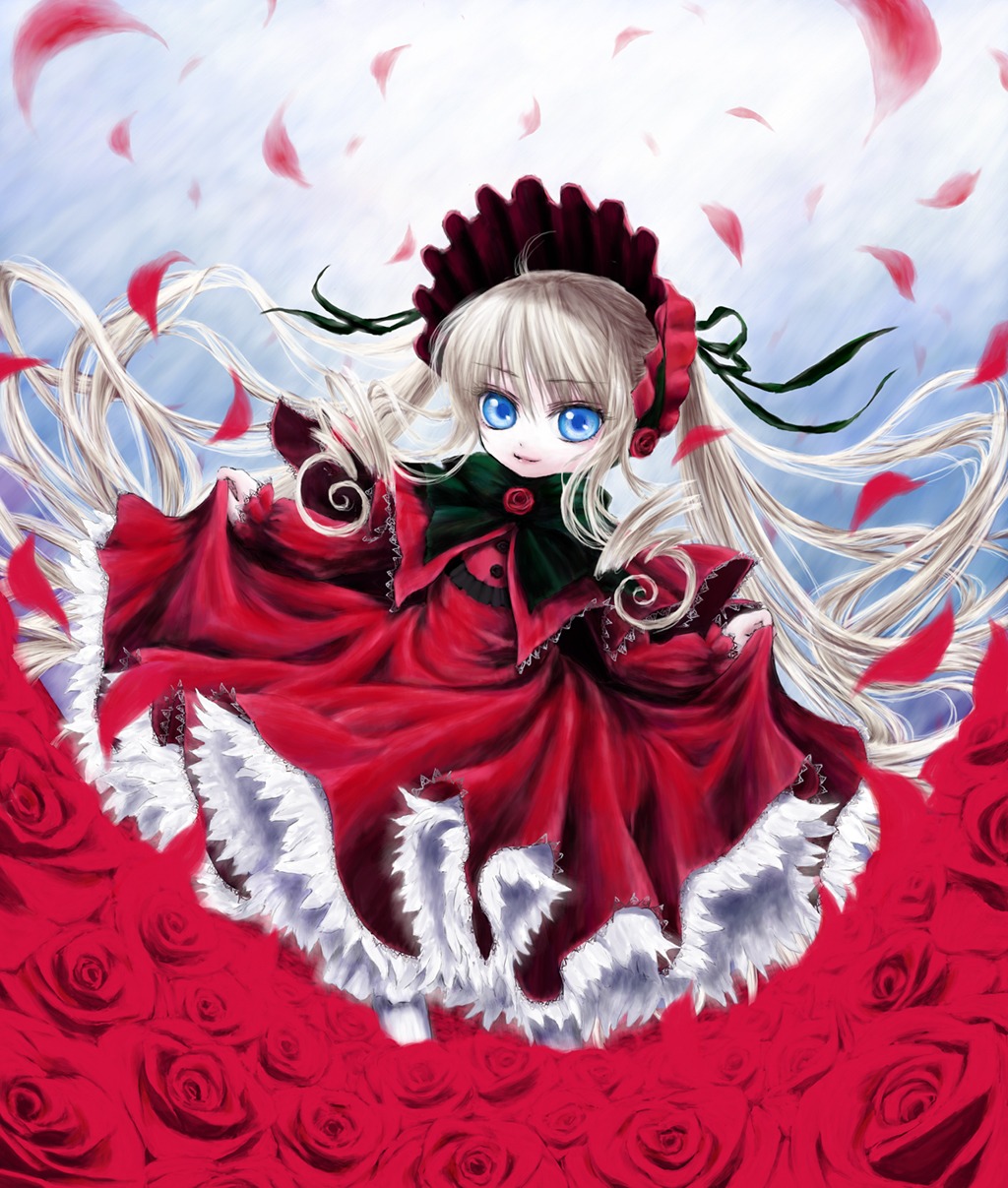 1girl blonde_hair blue_eyes dress flower highres image iseki_(kuroshura_no_tabiji) long_hair petals pink_rose red_dress red_flower red_rose rose rose_petals rozen_maiden shinku solo twintails very_long_hair