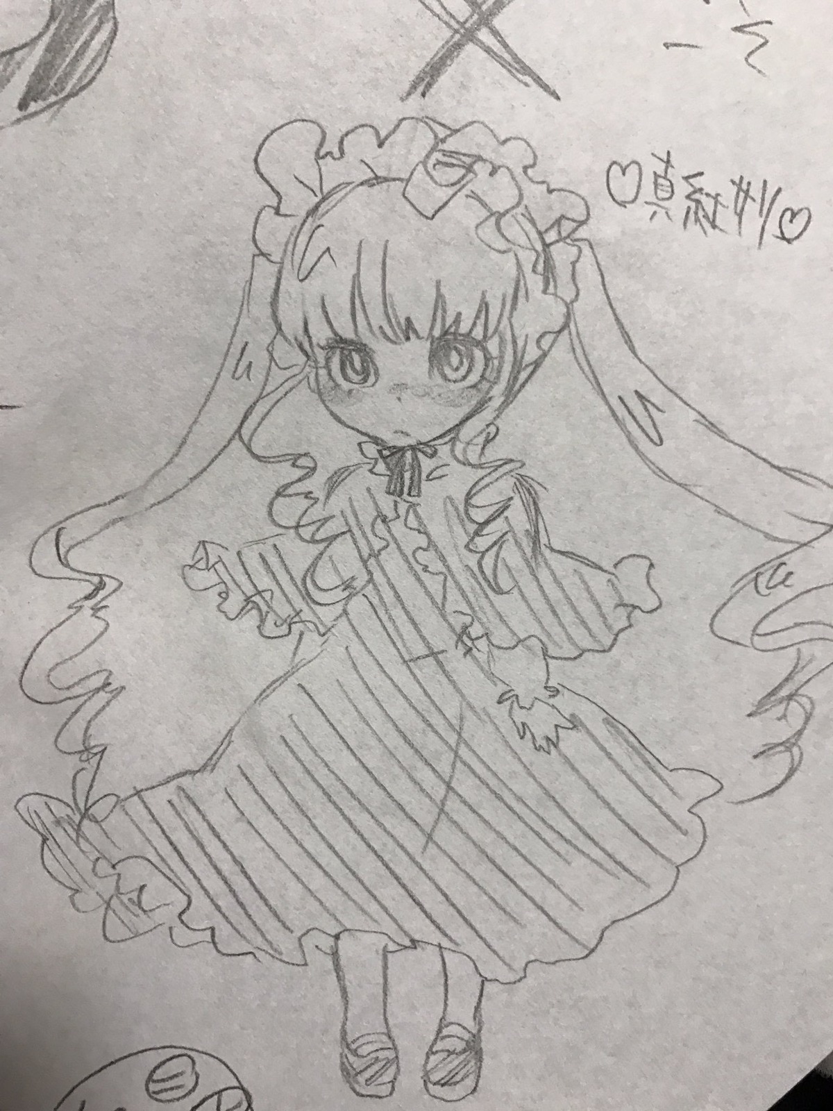 1girl dress frills full_body image long_hair long_sleeves looking_at_viewer monochrome photo shinku solo standing traditional_media twintails