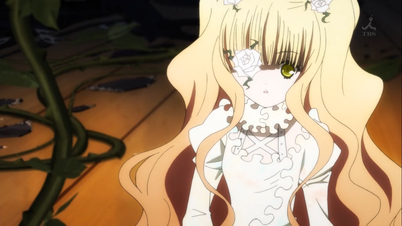 1girl bangs blonde_hair doll_joints dress eyepatch flower hair_flower hair_ornament image joints kirakishou long_hair plant rose solo thorns very_long_hair vines white_dress white_flower white_rose yellow_eyes
