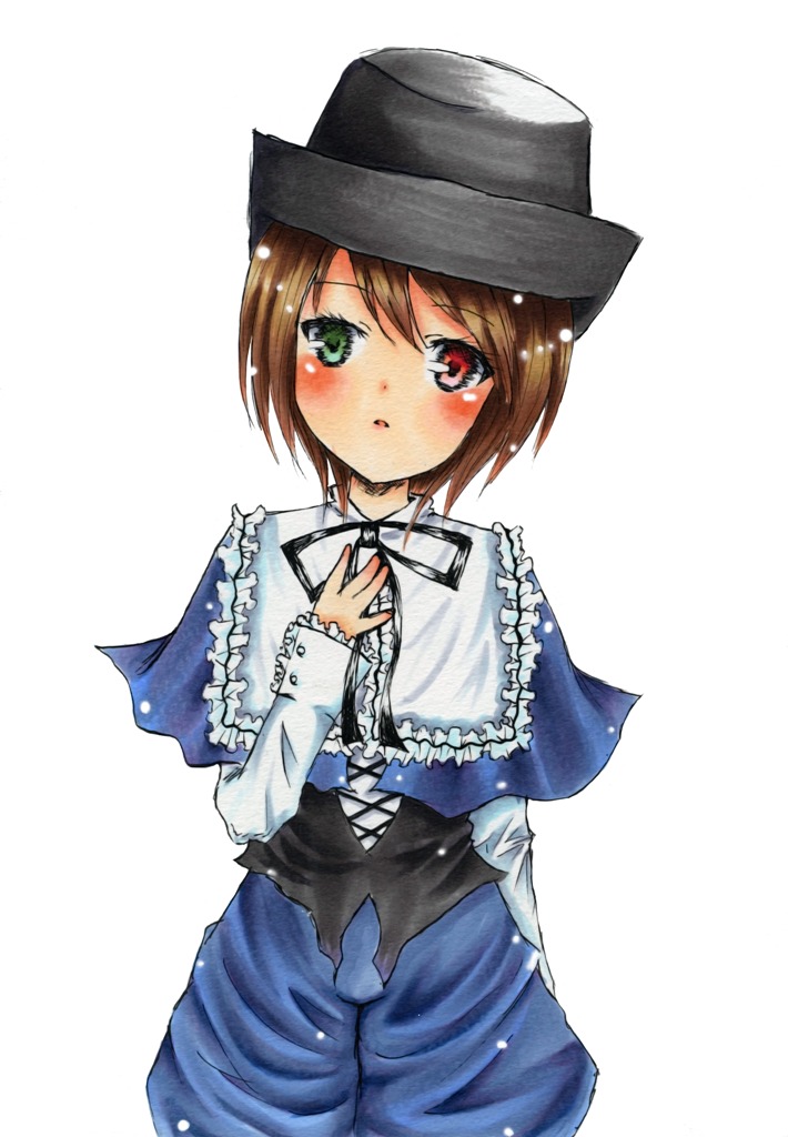 1girl black_ribbon blue_dress blush brown_hair capelet cowboy_shot dress eyebrows_visible_through_hair frills green_eyes hand_on_own_chest hat heterochromia image long_sleeves looking_at_viewer red_eyes ribbon short_hair simple_background solo souseiseki top_hat white_background