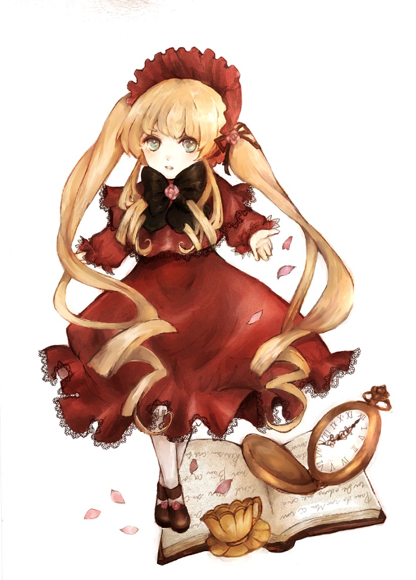 1girl blonde_hair blue_eyes bonnet book bow bowtie dress flower full_body image long_hair long_sleeves looking_at_viewer open_book petals red_dress rose shinku shoes solo standing twintails very_long_hair
