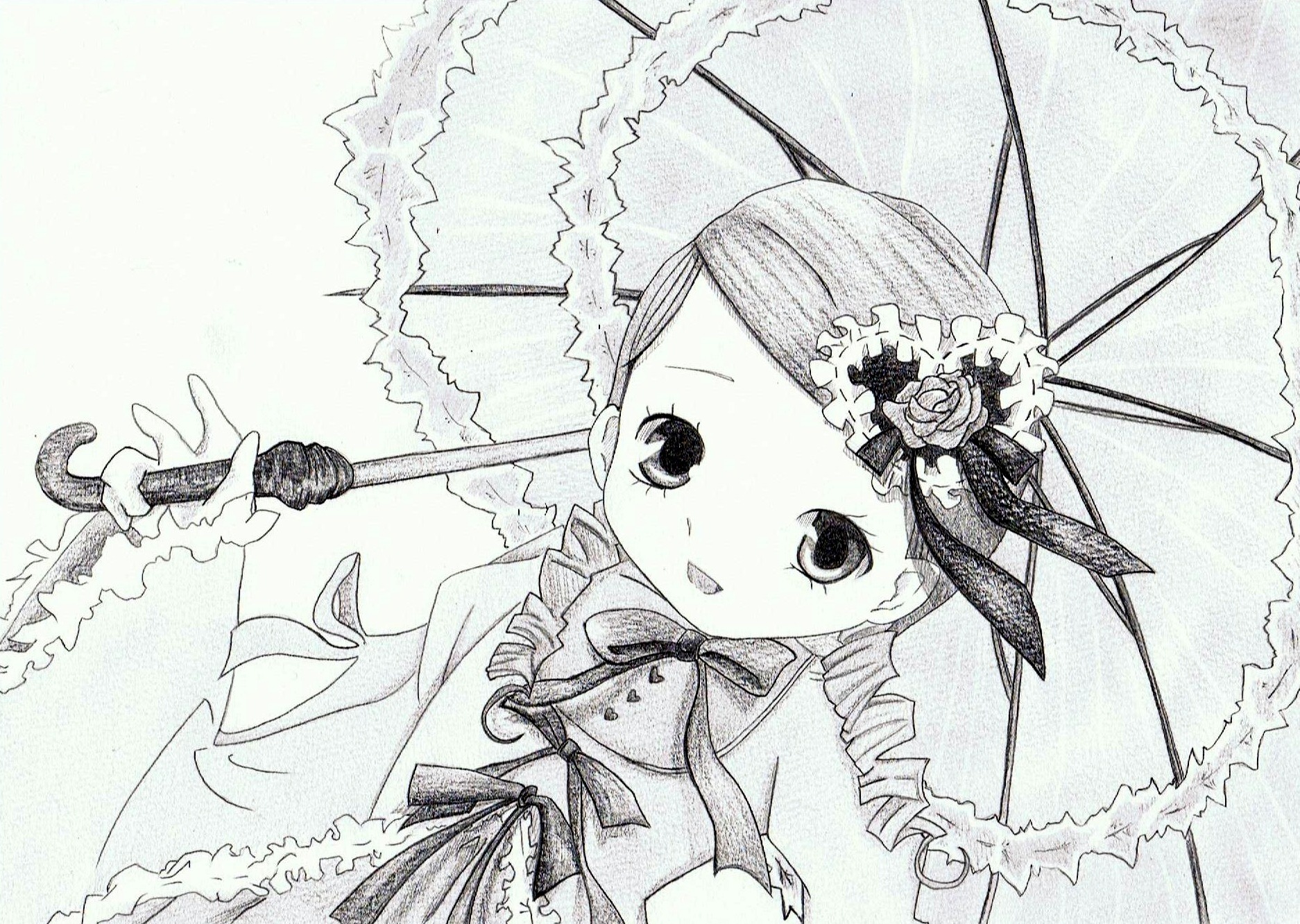 1girl dress drill_hair flower frills hair_ornament holding holding_umbrella image kanaria long_hair long_sleeves looking_at_viewer microphone monochrome open_mouth parasol ribbon ringlets smile solo traditional_media twin_drills umbrella upper_body