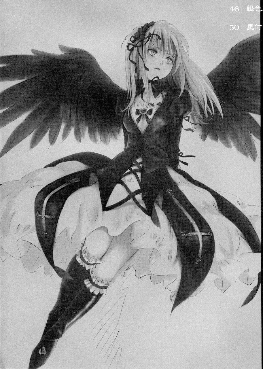 1girl boots dress flower greyscale image kneehighs long_hair long_sleeves looking_at_viewer monochrome solo suigintou traditional_media wings