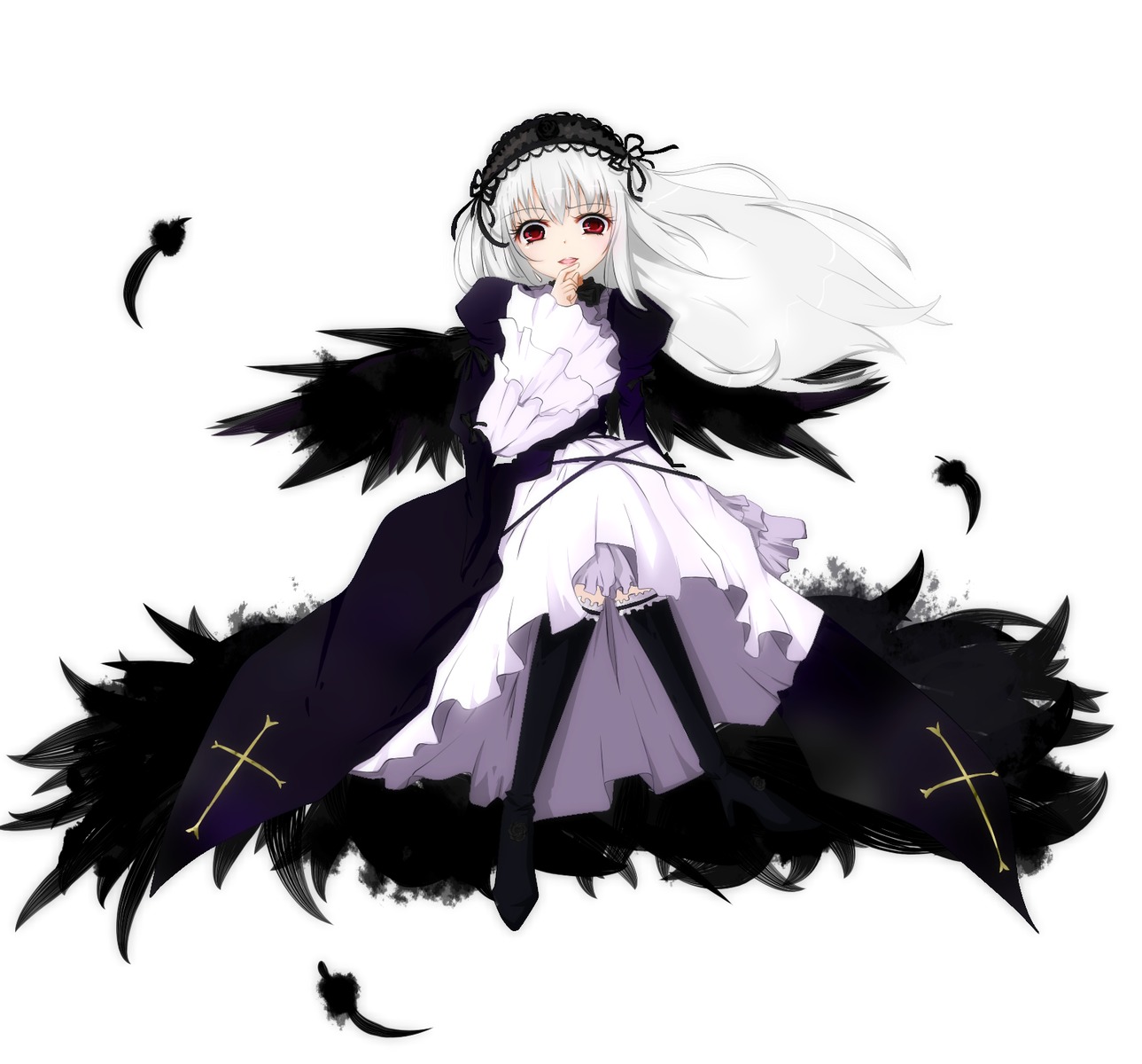 1girl black_feathers black_wings boots dress feathers finger_to_mouth flower frills full_body hairband image long_hair long_sleeves looking_at_viewer red_eyes ribbon rose solo suigintou very_long_hair white_background wings