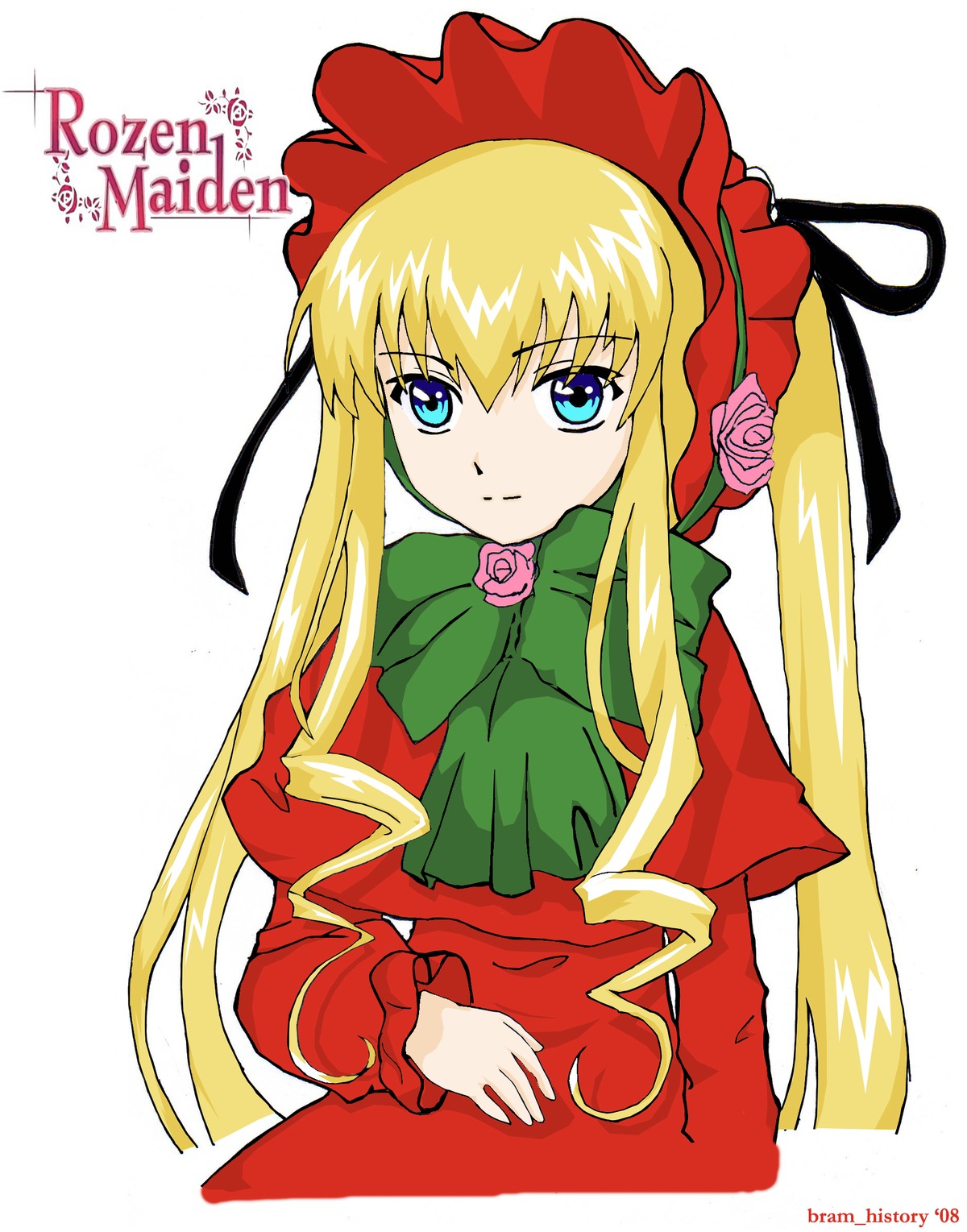 1girl blonde_hair blue_eyes bonnet bow bowtie capelet dress flower green_bow green_neckwear image long_hair long_sleeves looking_at_viewer pink_flower pink_rose red_capelet red_dress rose shinku sidelocks simple_background solo twintails upper_body white_background