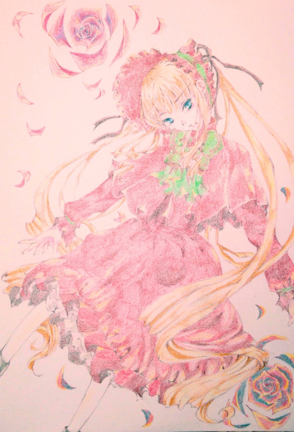 1girl blonde_hair blue_eyes bonnet dress flower frills image long_hair long_sleeves looking_at_viewer petals pink_dress pink_flower pink_rose red_flower red_rose rose shinku solo very_long_hair